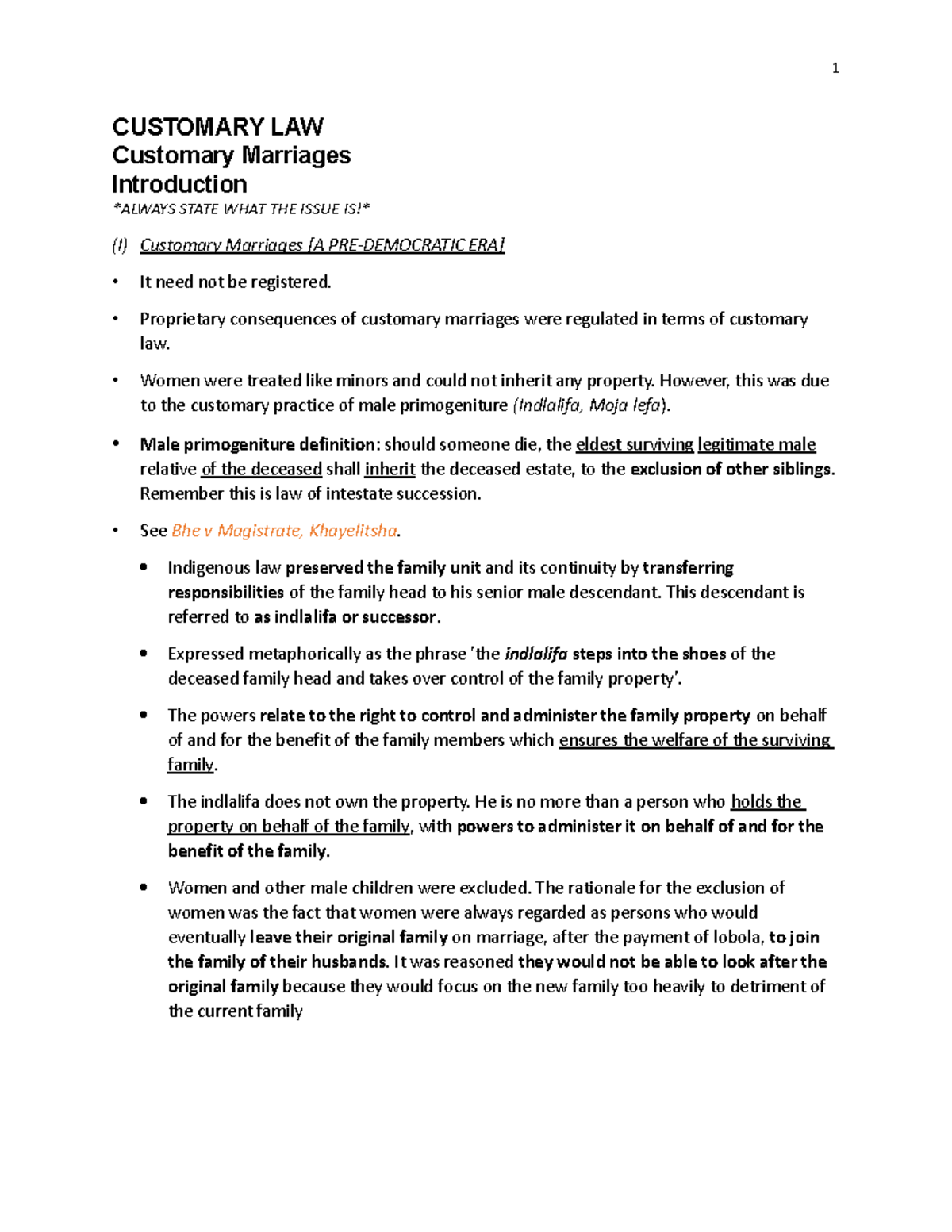 A. Notes Tp 5 CUSTOMARY LAW Customary Marriages Introduction ALWAYS