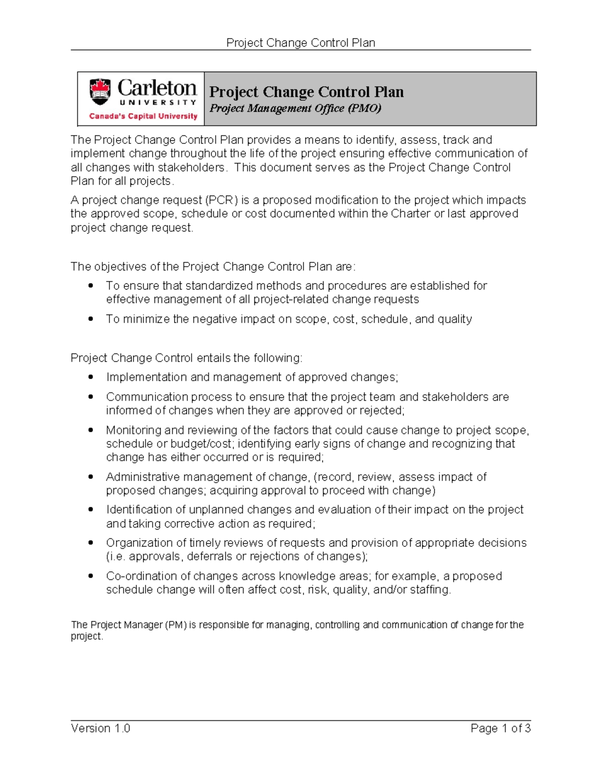 Carleton-Project-Change-Control-Plan - Project Change Control Plan The ...