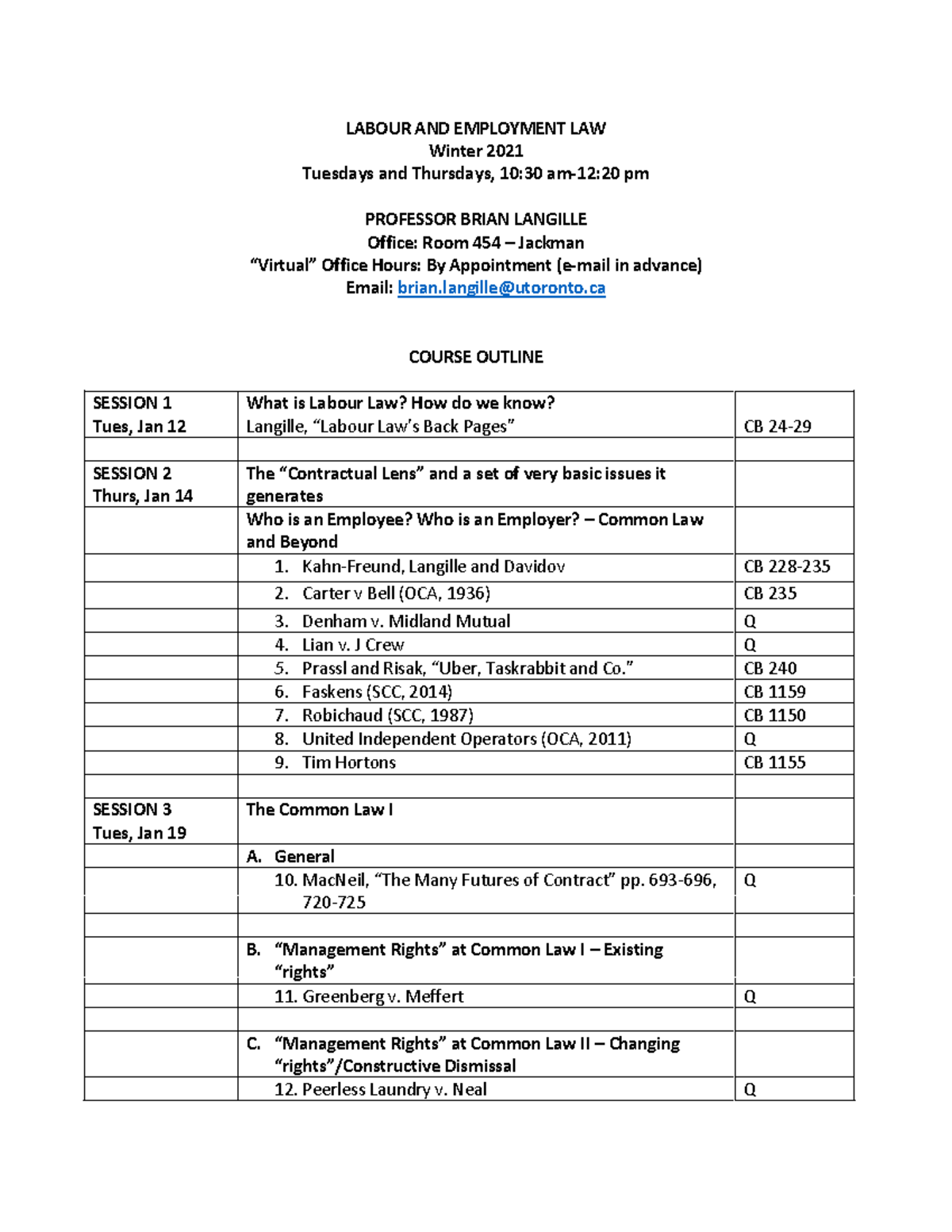 2021 Winter Labour and Employment Law Outline Rev 01 - LABOUR AND ...