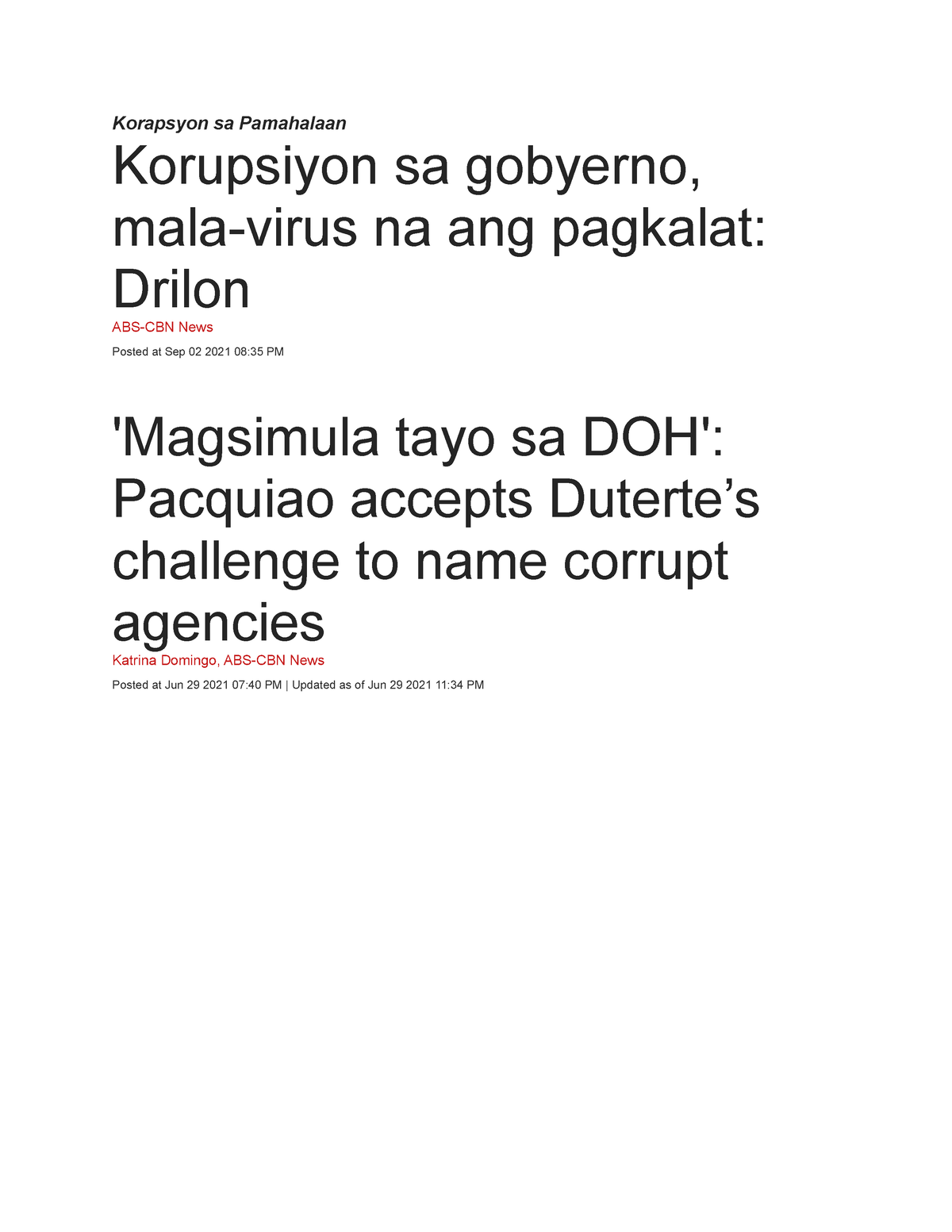 Mga balita tungkol sa korapsyon  Korapsyon sa Pamahalaan Korupsiyon sa