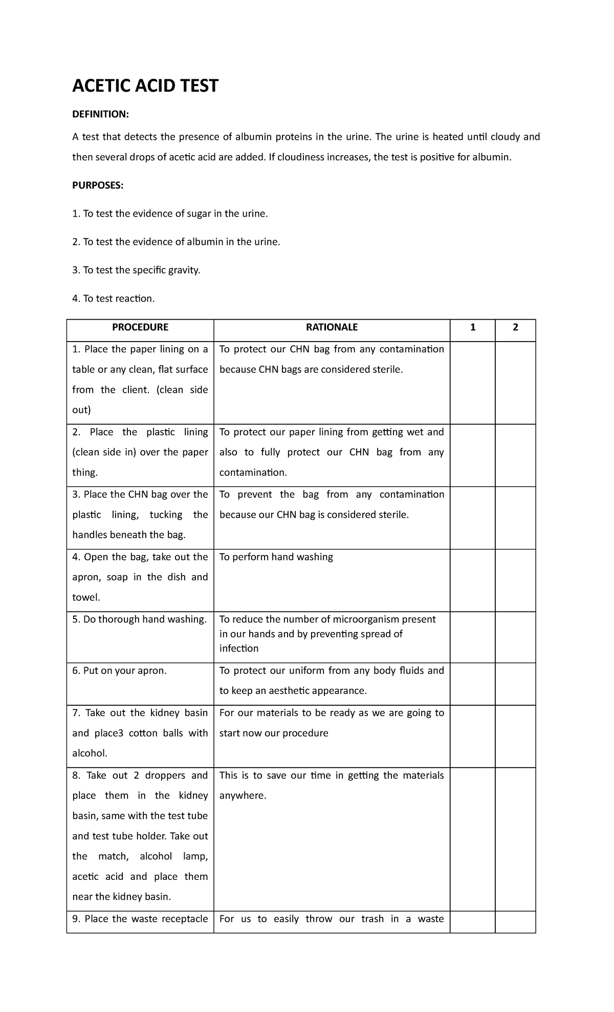Acetic ACID TEST procedure ACETIC ACID TEST DEFINITION A test that