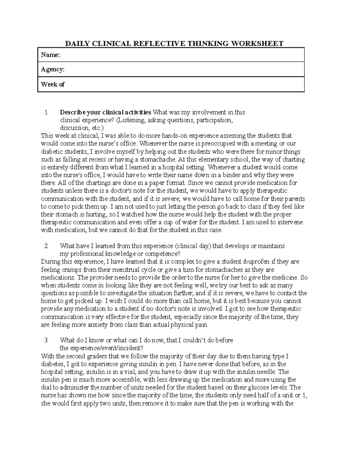 Reflective Thinking Worksheet 2 for community - DAILY CLINICAL ...