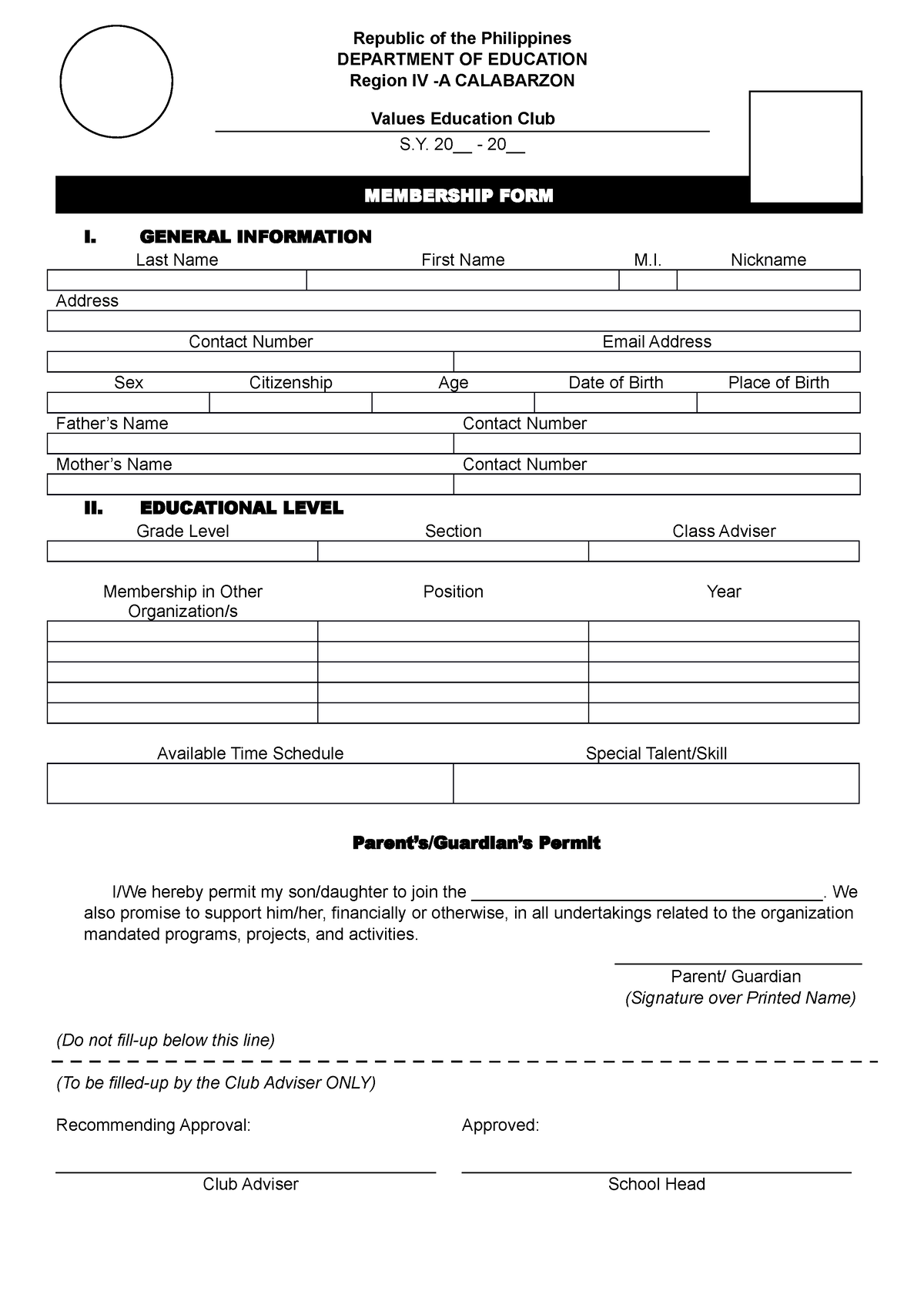 Values Club Form - Republic of the Philippines DEPARTMENT OF EDUCATION ...