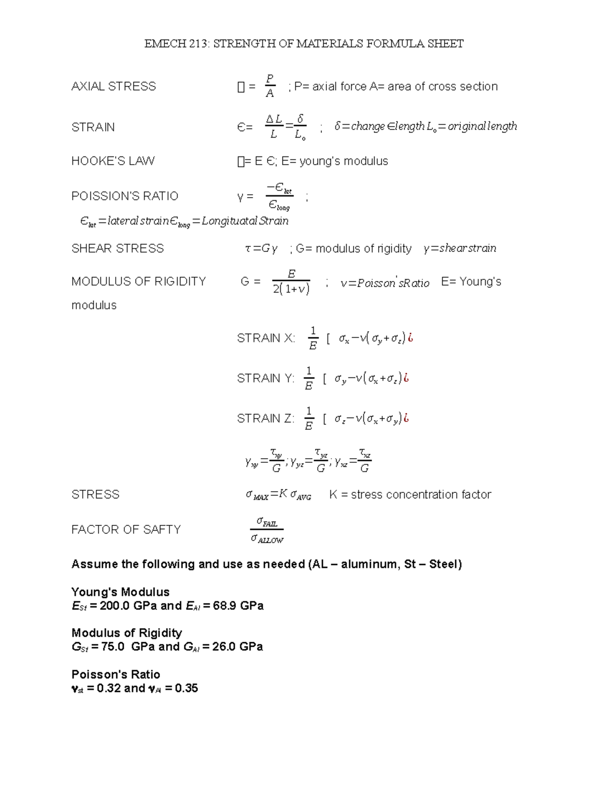 Practical - Equation sheet - EMECH 213: STRENGTH OF MATERIALS FORMULA ...