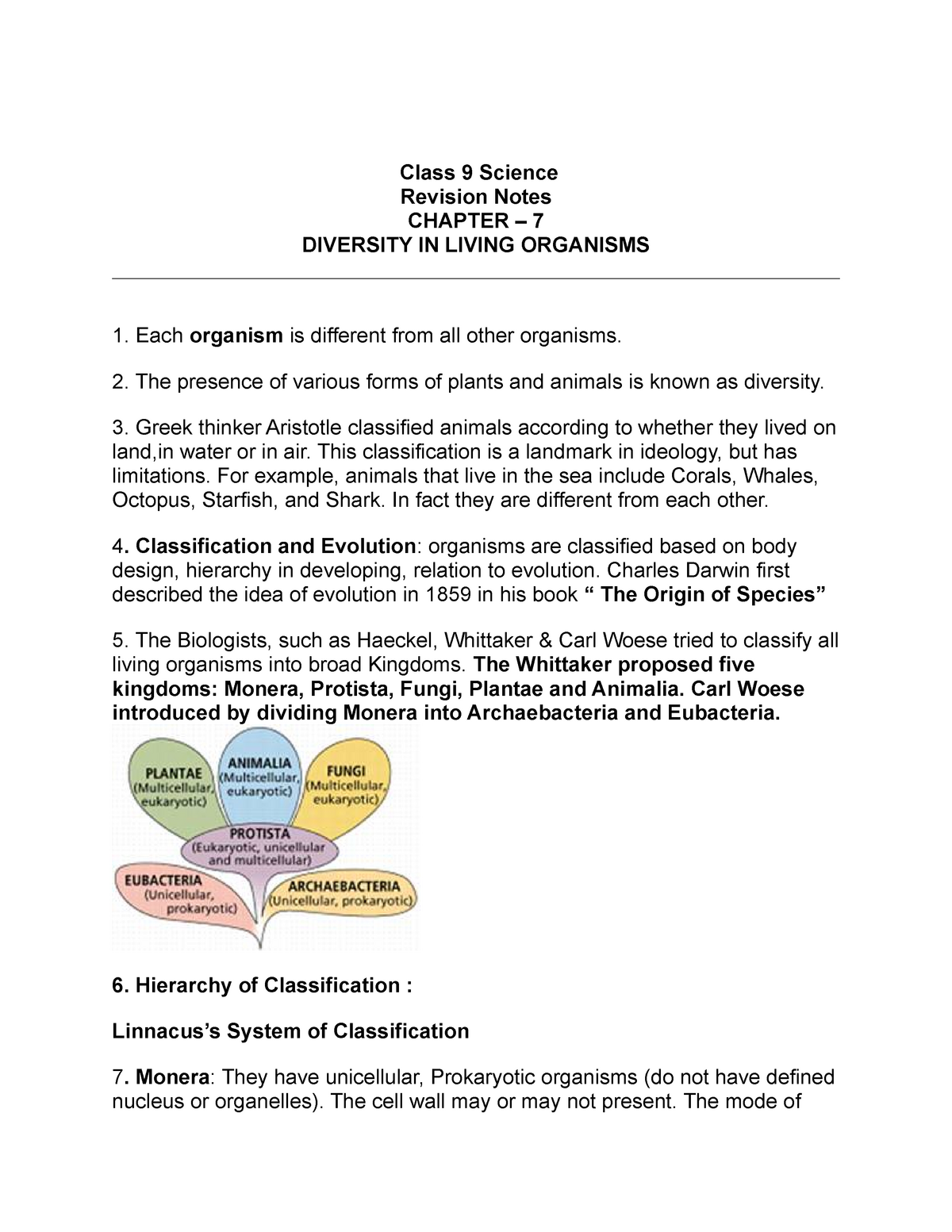 Diversity Internship Project Repory - Class 9 Science Revision Notes  CHAPTER – 7 DIVERSITY IN LIVING - Studocu