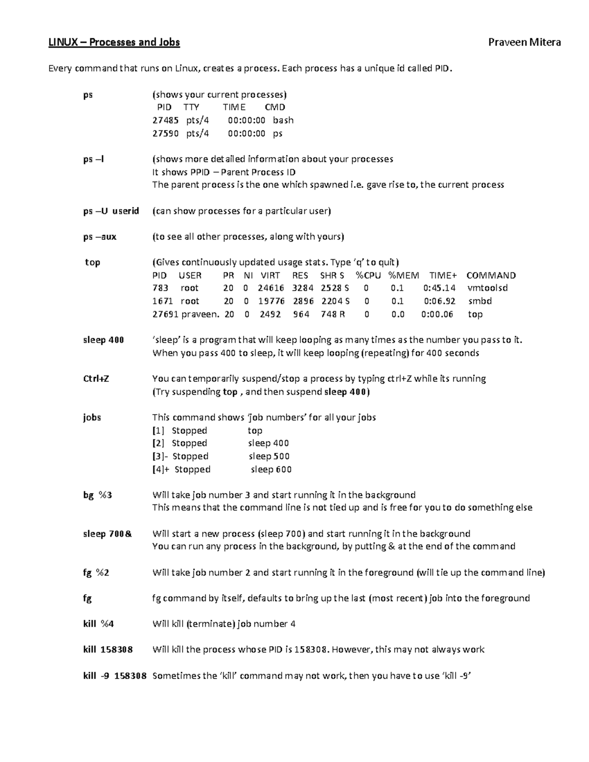 Processes and jobs notes - LINUX – Processes and Jobs Praveen Mitera ...
