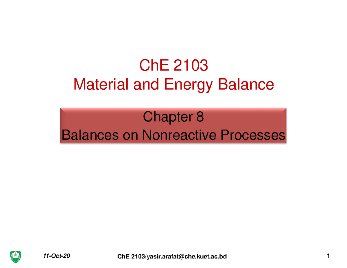 Balance On NonReactive Processpart1 ChE 2103 Material and Energy