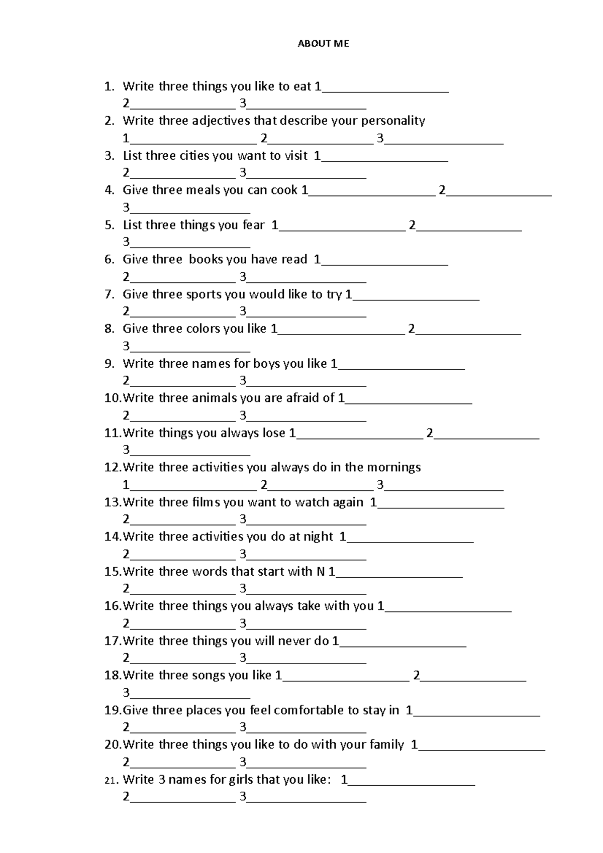 HW2 About ME 3 - tarea - ABOUT ME Write three things you like to eat 1