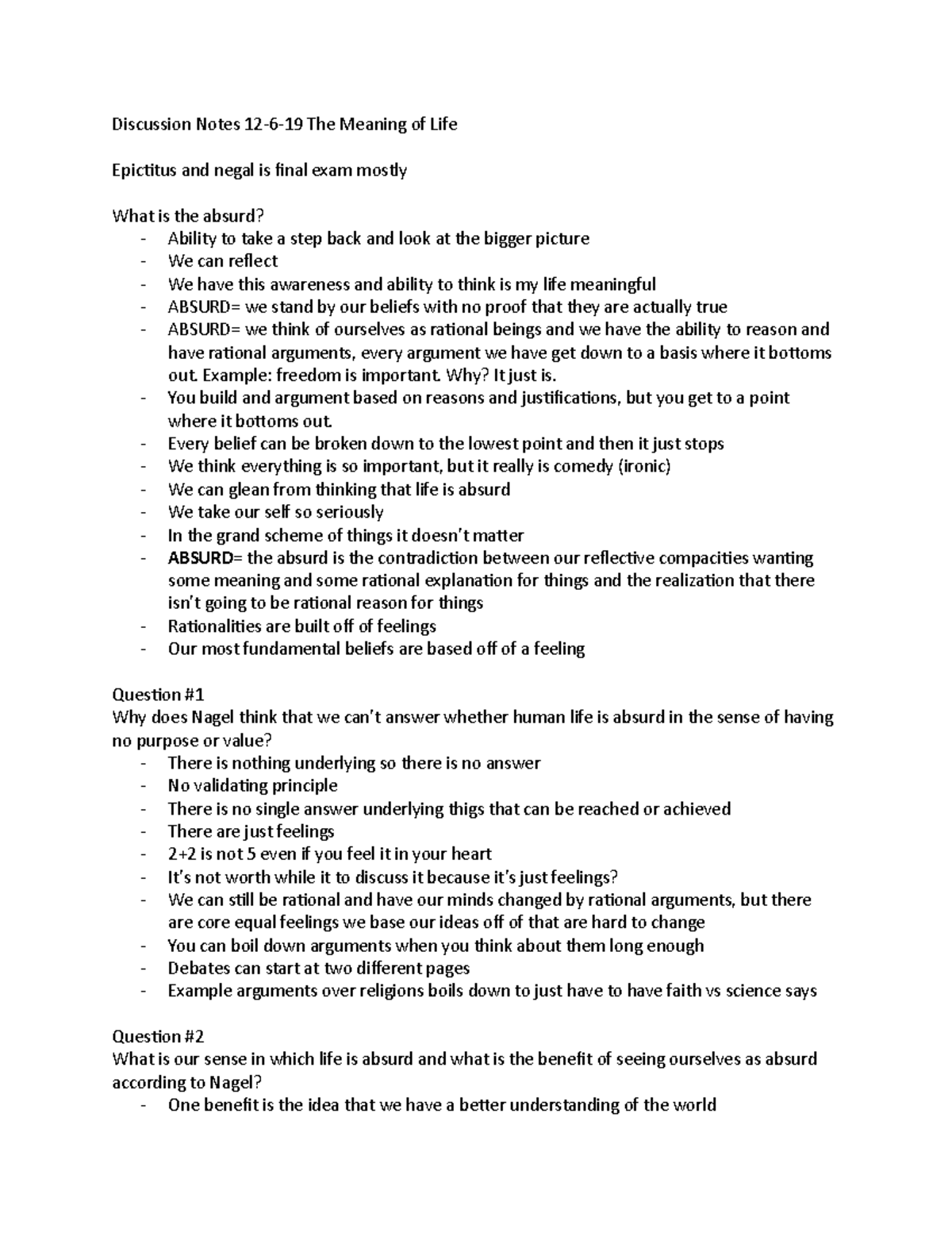 Discussion Notes 12619 The Meaning of Life Discussion Notes 12619