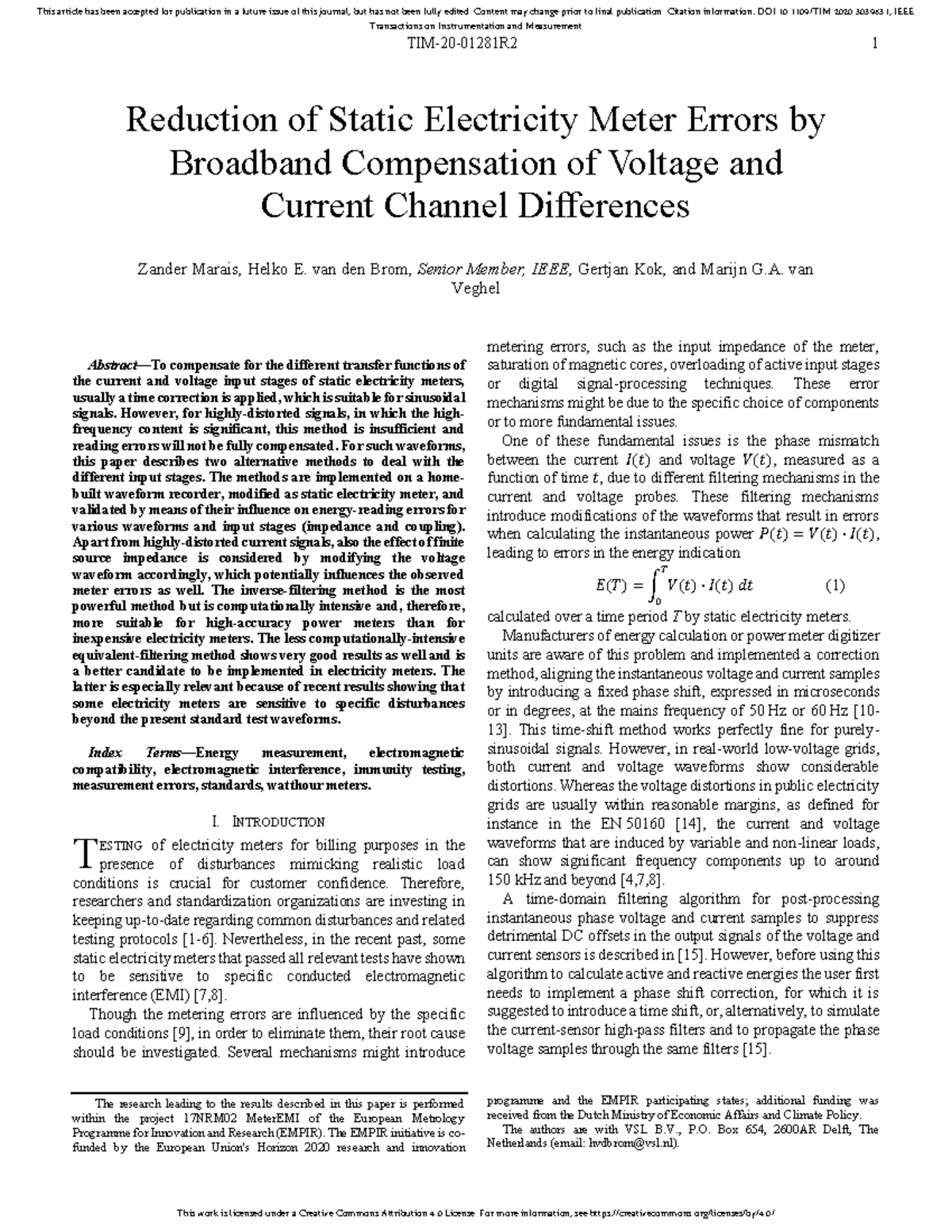 Reduction of Static Electricity Meter Errors by Broadband Compensation