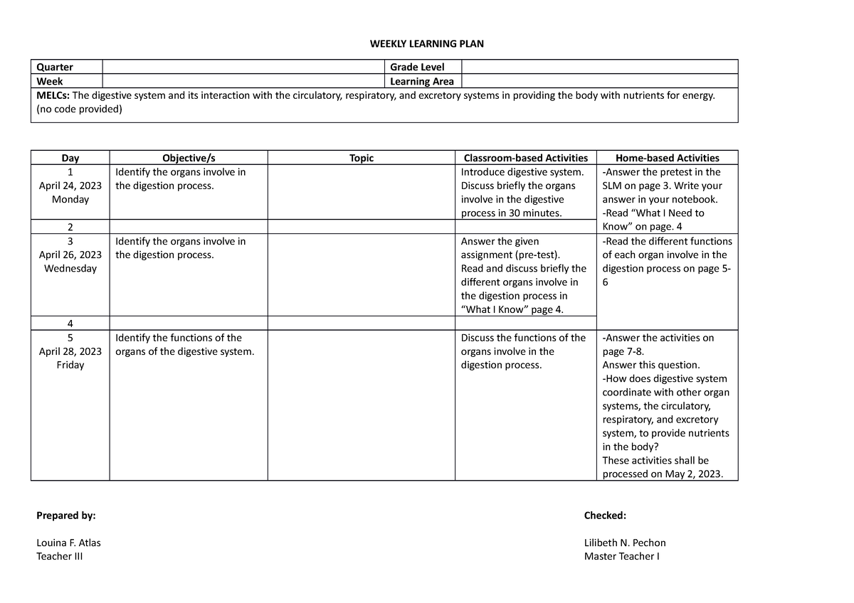 Sample-WLP - Lecture - WEEKLY LEARNING PLAN Quarter Grade Level Week Learning Area MELCs: The ...