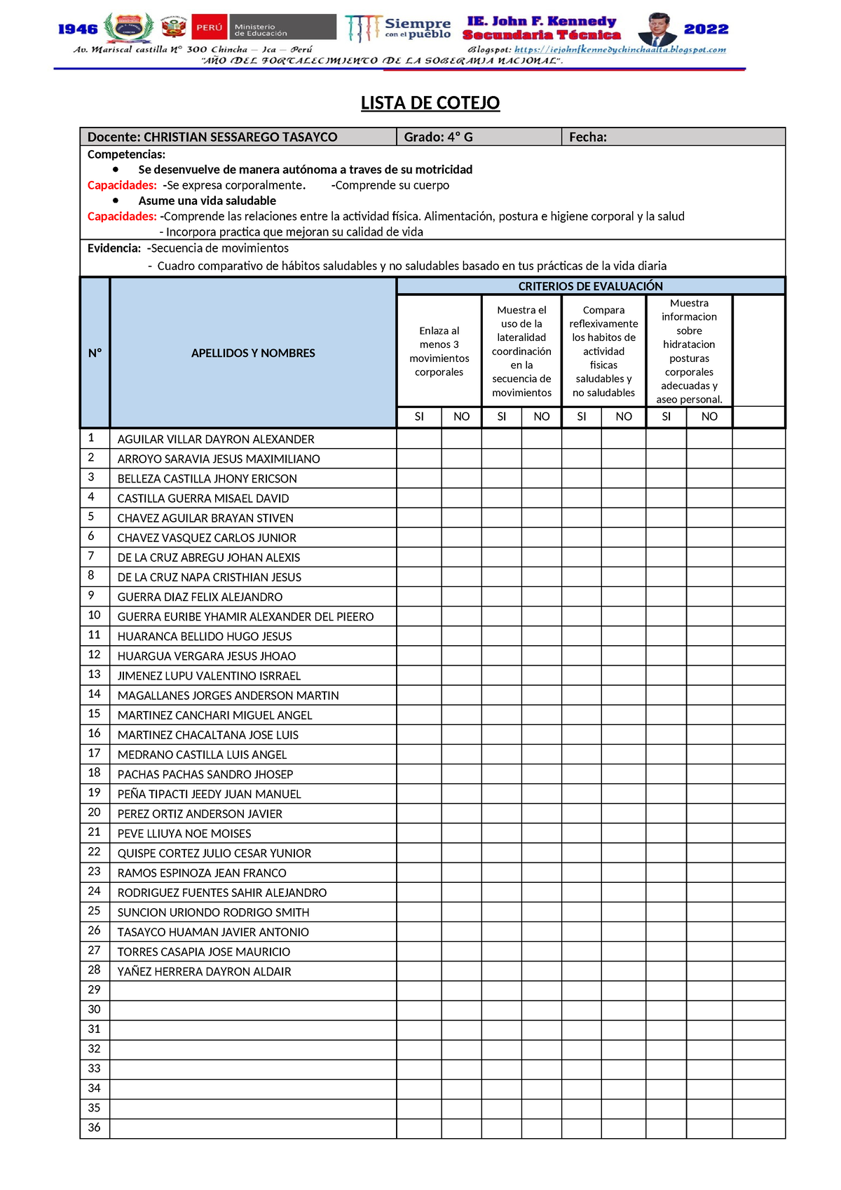 Lista Cotejo Educacion Fisica 4 G Ultimo Lista De Cotejo Docente Christian Sessarego Tasayco