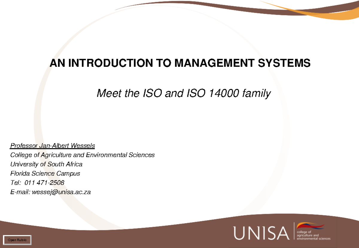 Study 1 Introduction to ISO Systems Wessels, JA. 2018 AN INTRODUCTION