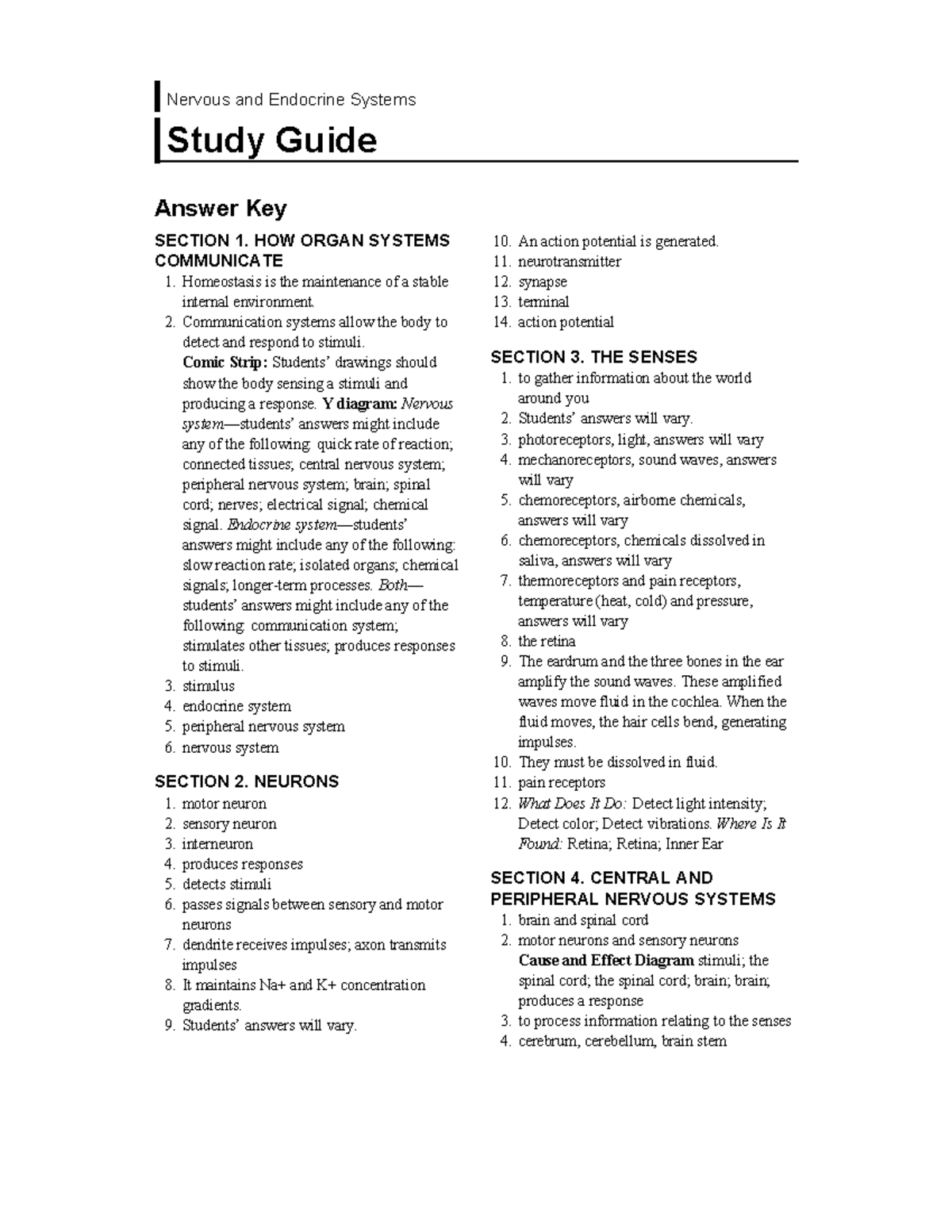 Study guide chapter nerv and end syst Nervous and Endocrine Systems