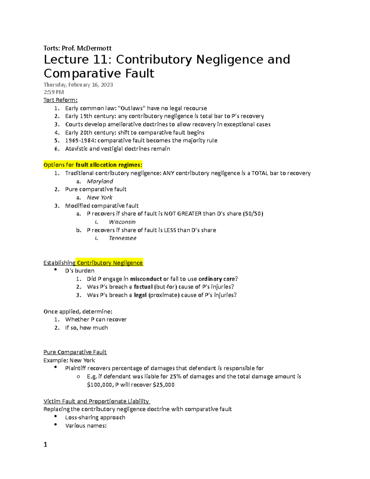 torts-lecture-11-contributory-negligence-and-comparative-fault-torts