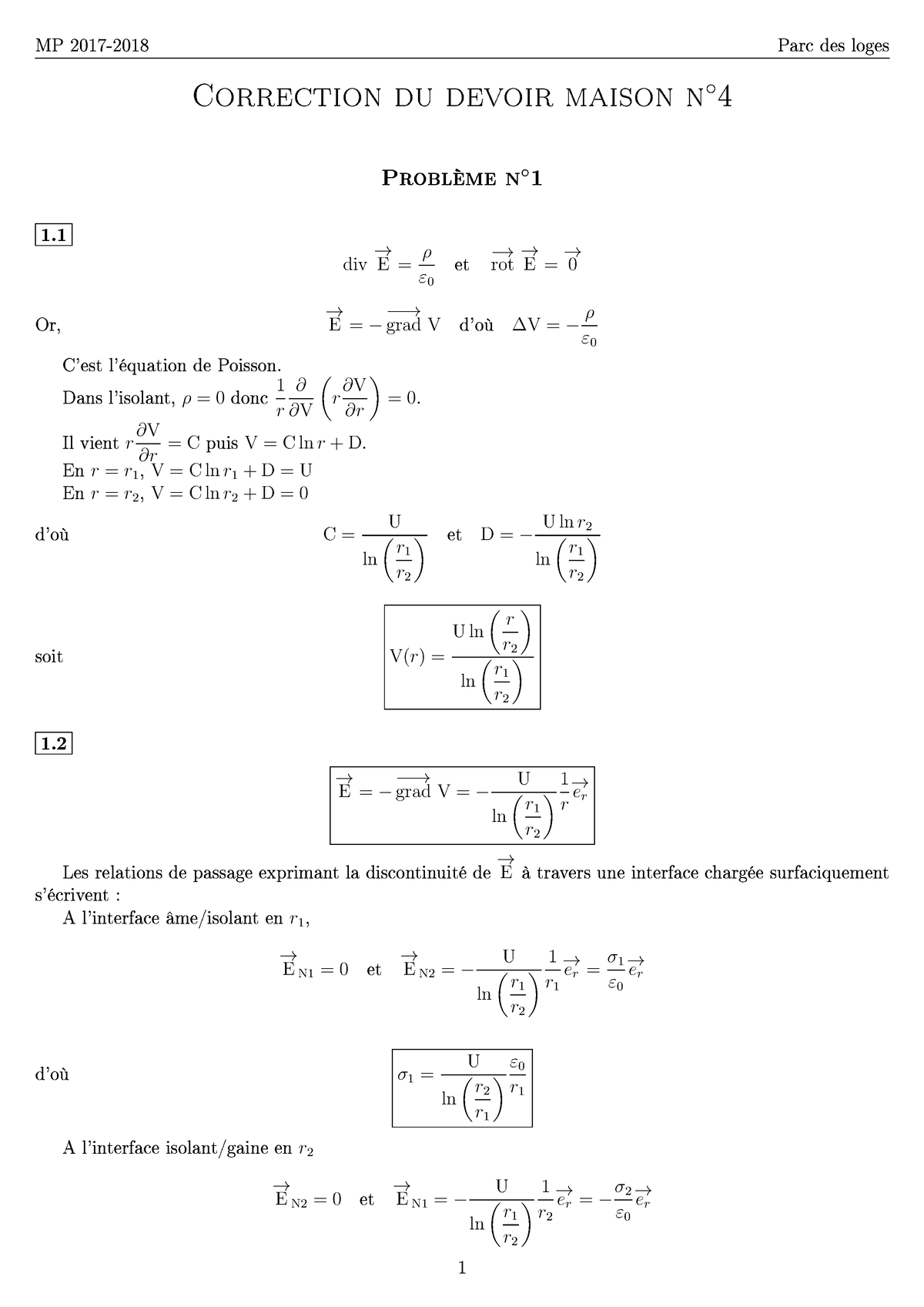 Corrig Du Pb D Electrostatiq - MP 2017-2018 Parc Des Loges Correction ...