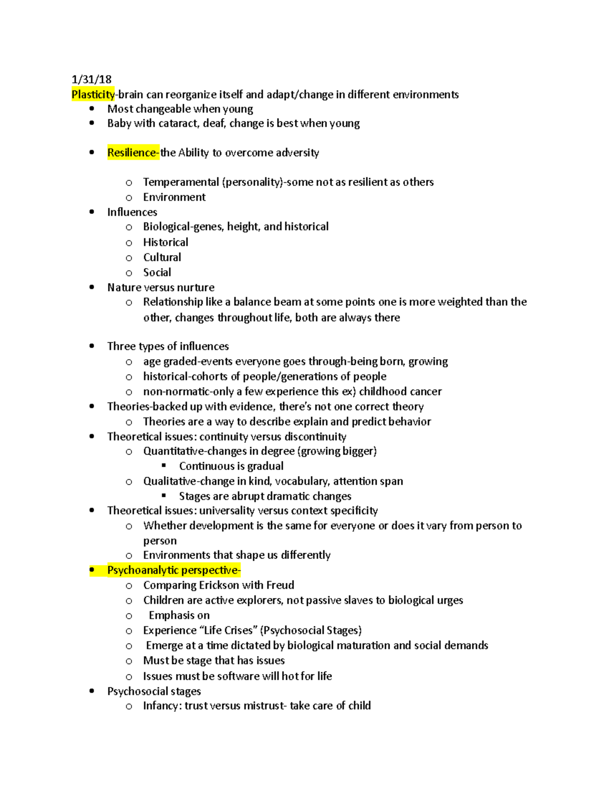 Lifespan test 1 - Lecture notes chapters 1-4 - 1/31/ Plasticity-brain ...