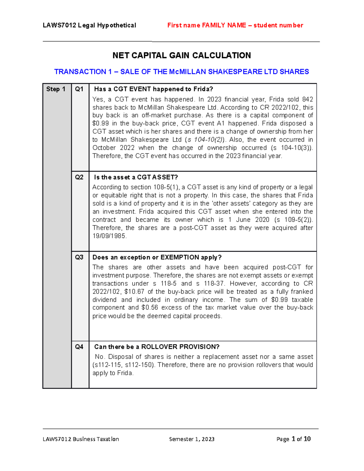 Laws7012 Assignment Answer Template Net Capital Gain Calculation Transaction 1 Sale Of The 2503