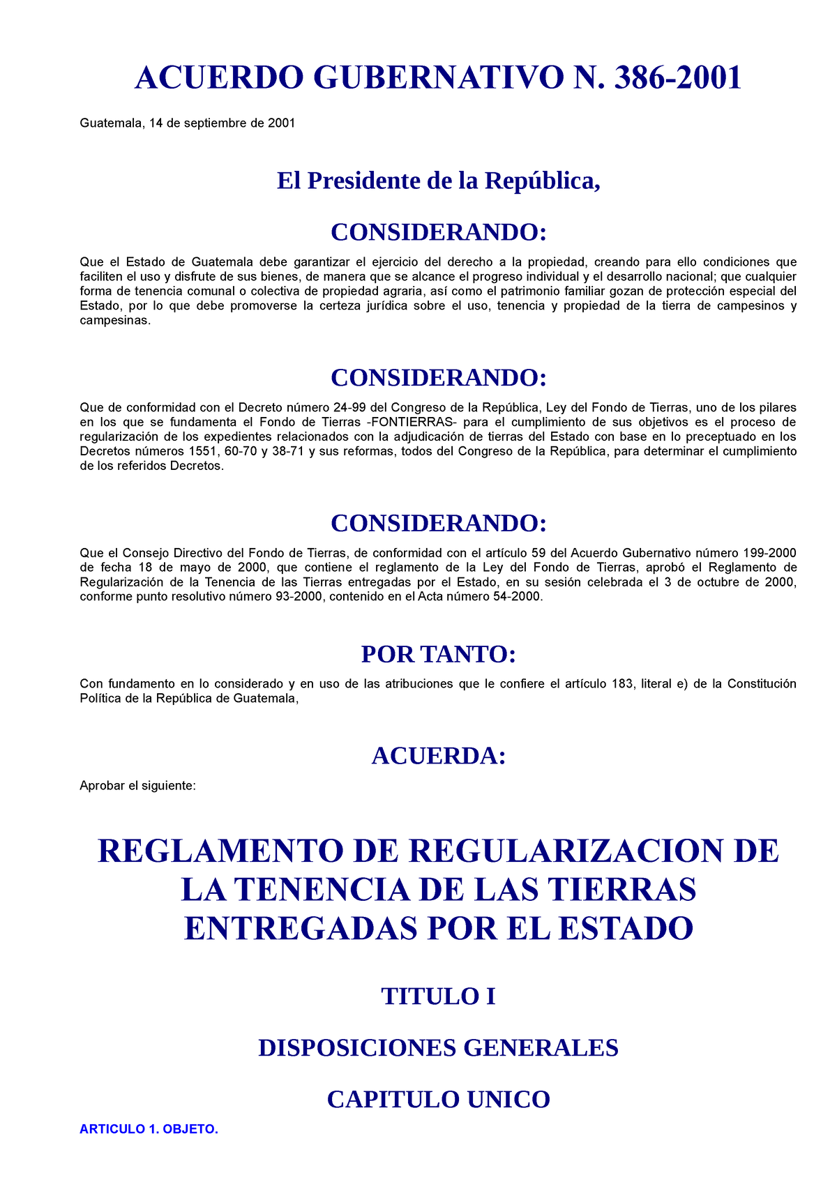 Acuerdo Gubernativo 386 2001 Reglamento De Regularización De La Tenencia De Las Tierras 8678