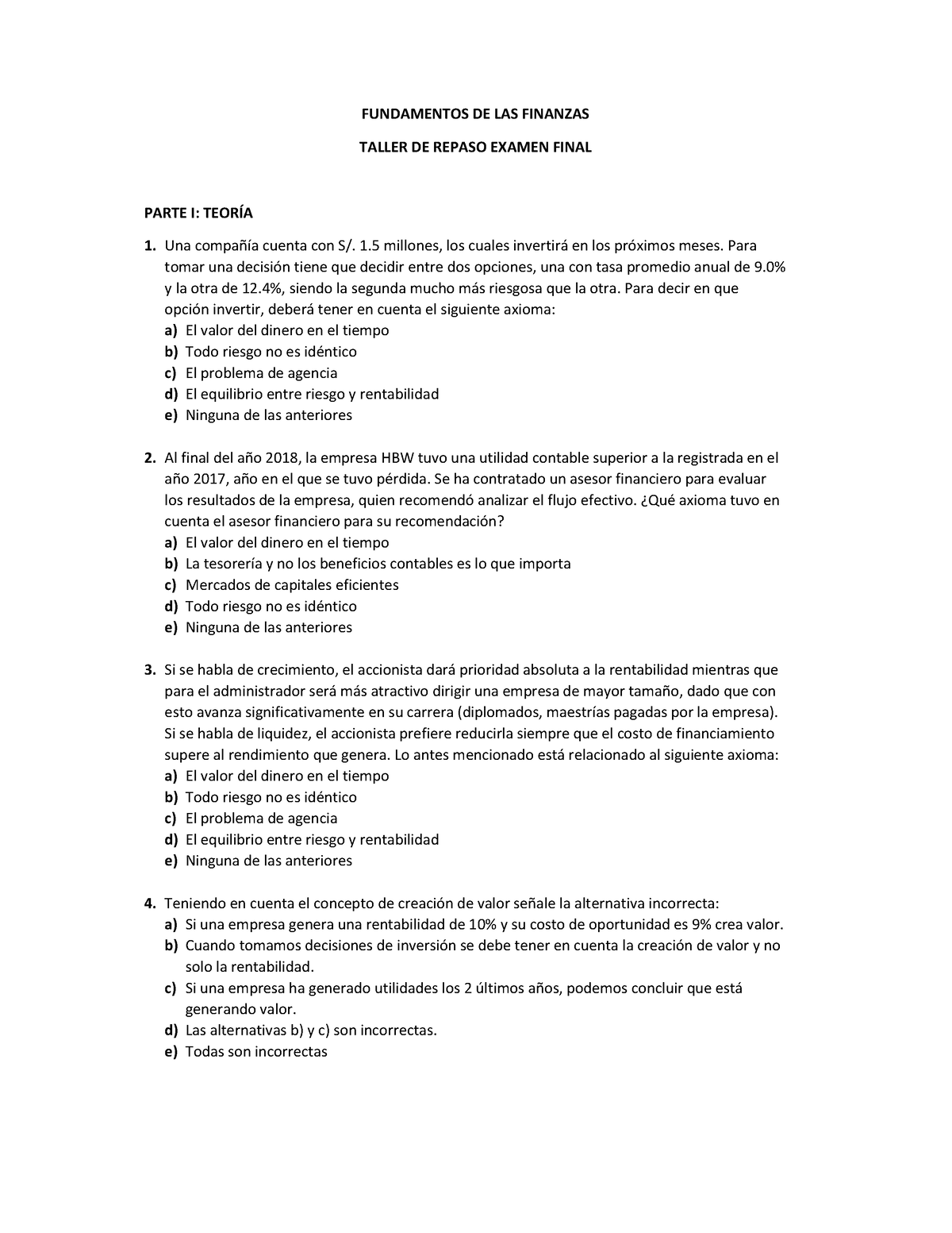 Repaso - FUNDAMENTOS DE LAS FINANZAS TALLER DE REPASO EXAMEN FINAL ...