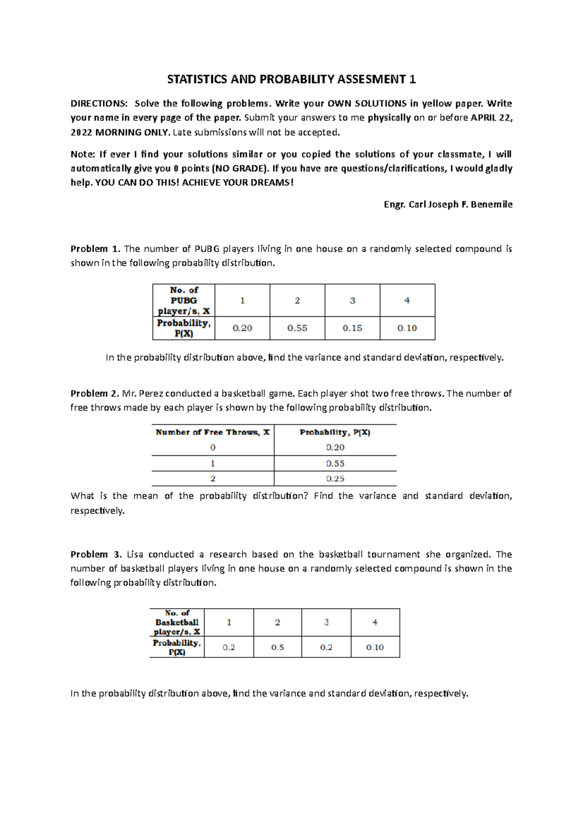Grade 11 Assessment Q3 2022 - STATISTICS AND PROBABILITY ASSESMENT 1 ...