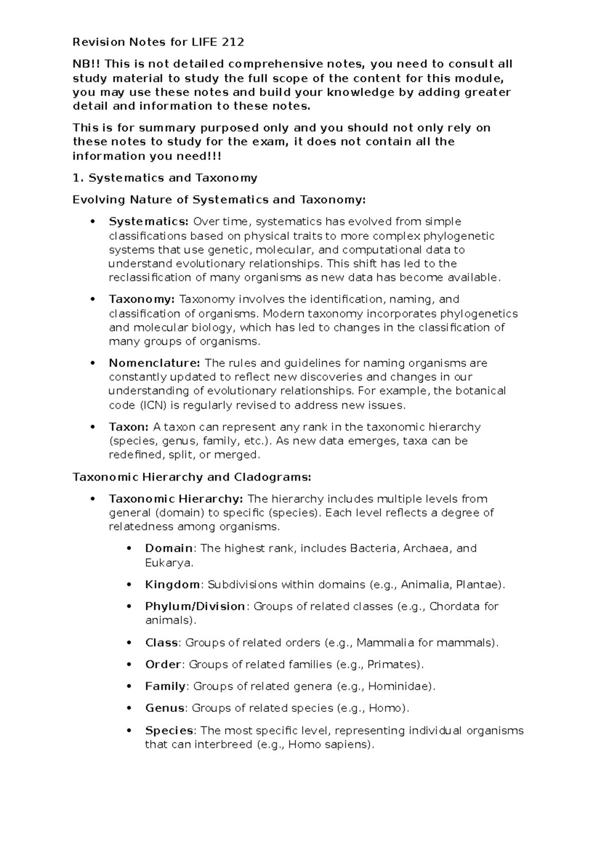 Sammary notes LIFE 212 - Summary Bachelor of Education with Life ...