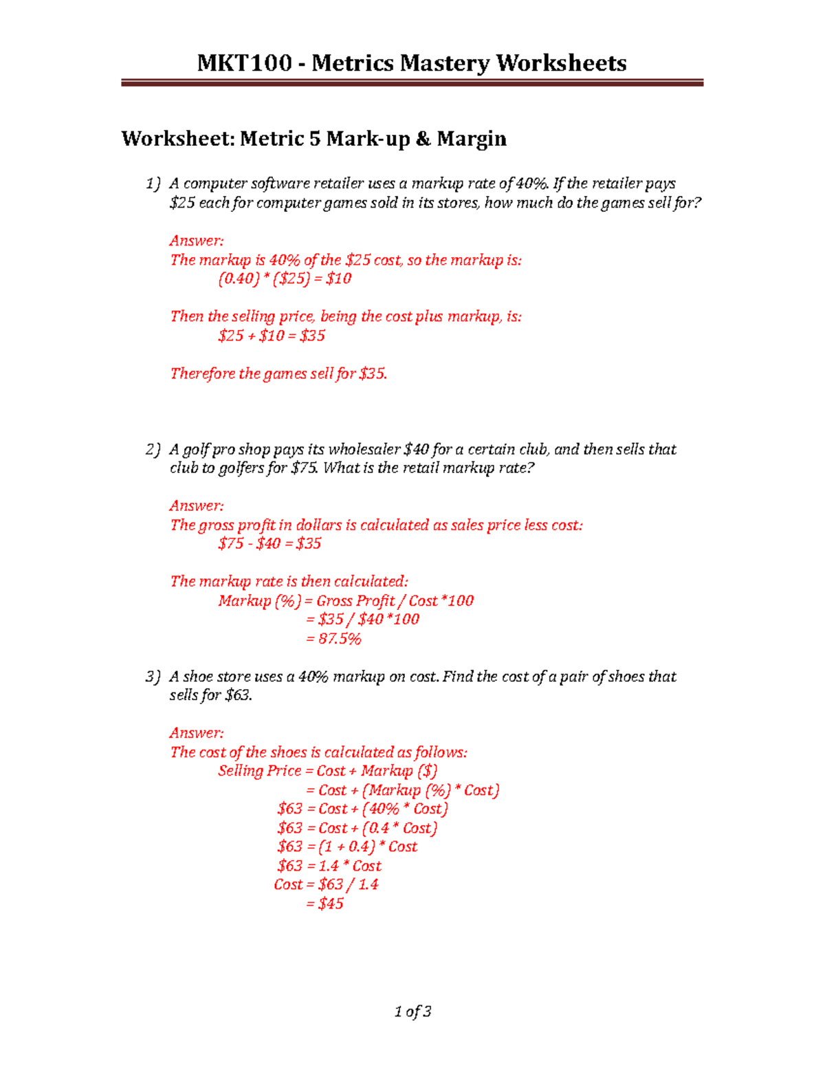 Metrics Mastery - Mark-up and Margin Solution - MKT100 - Metrics ...