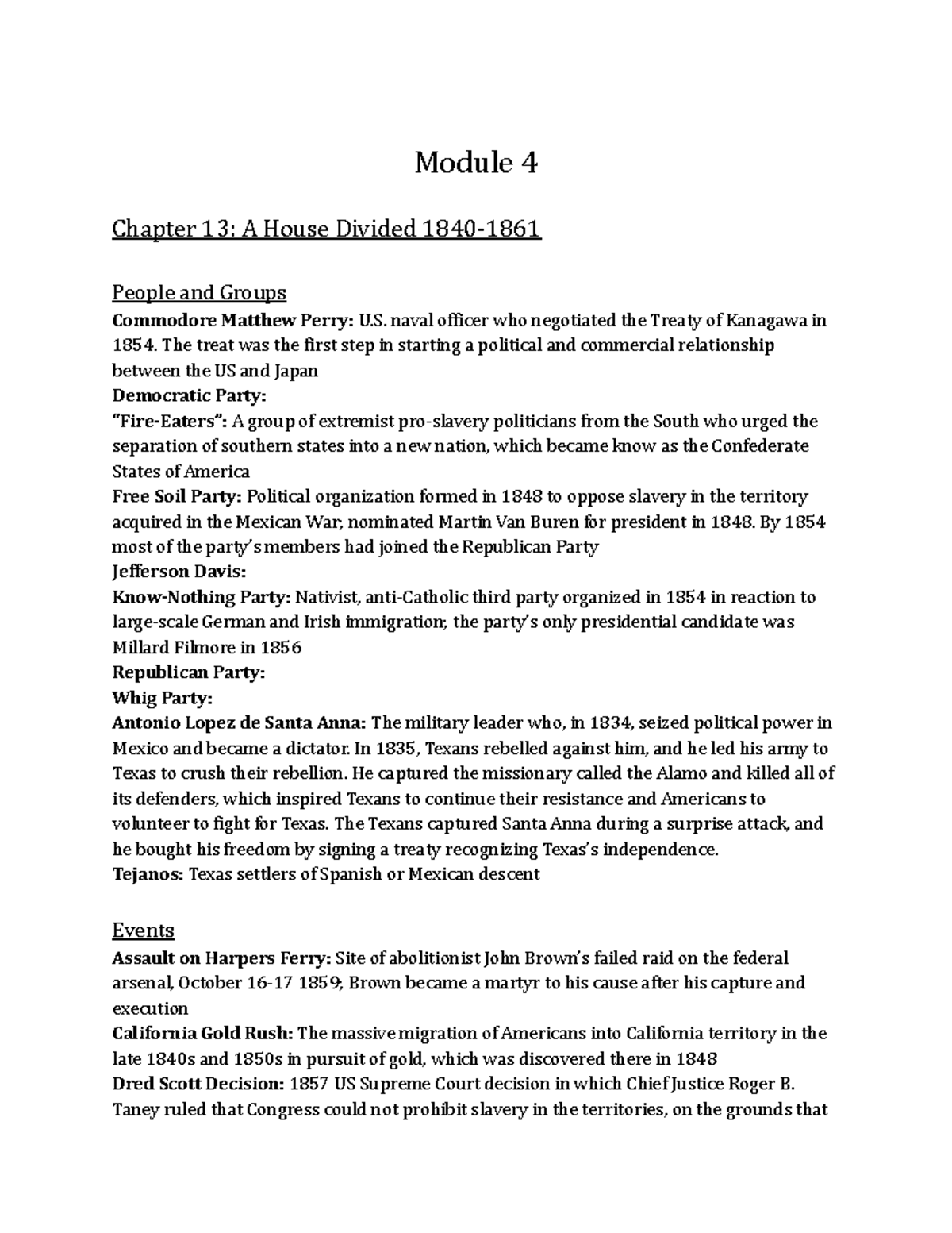 Apush Mod 4 Notes Module 4 Chapter 13 A House Divided 1840 People