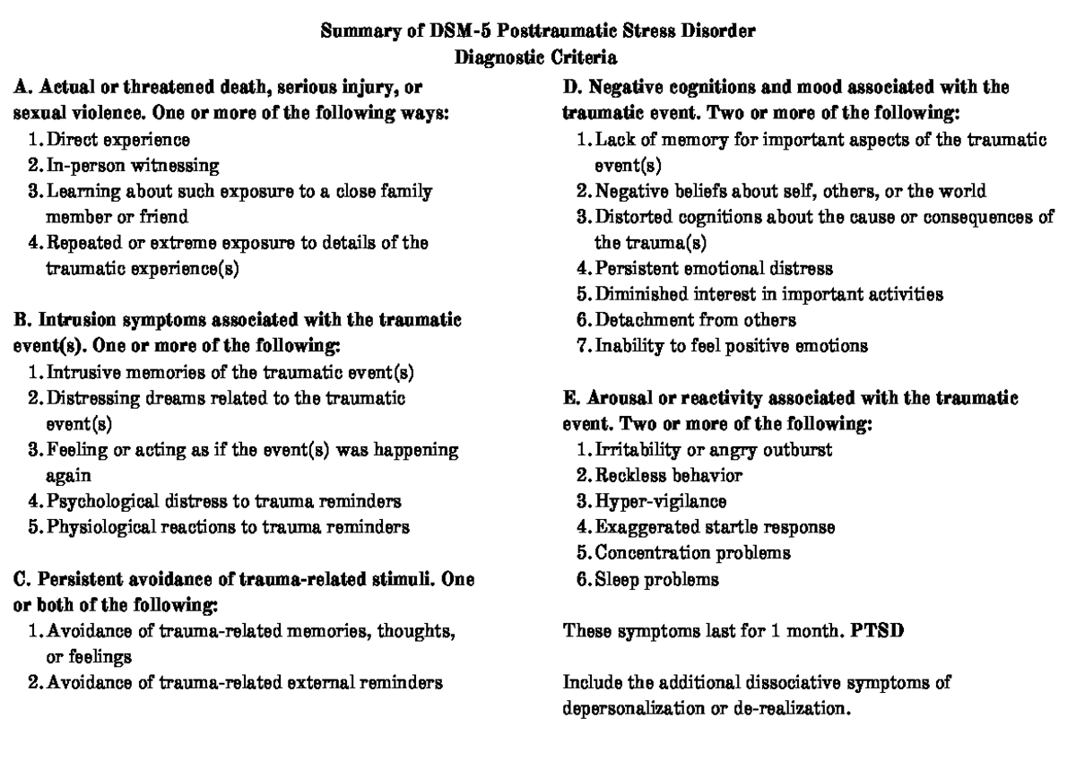 Summary of DSM-5 Posttraumatic Stress Disorder Diagnostic Criteria ...