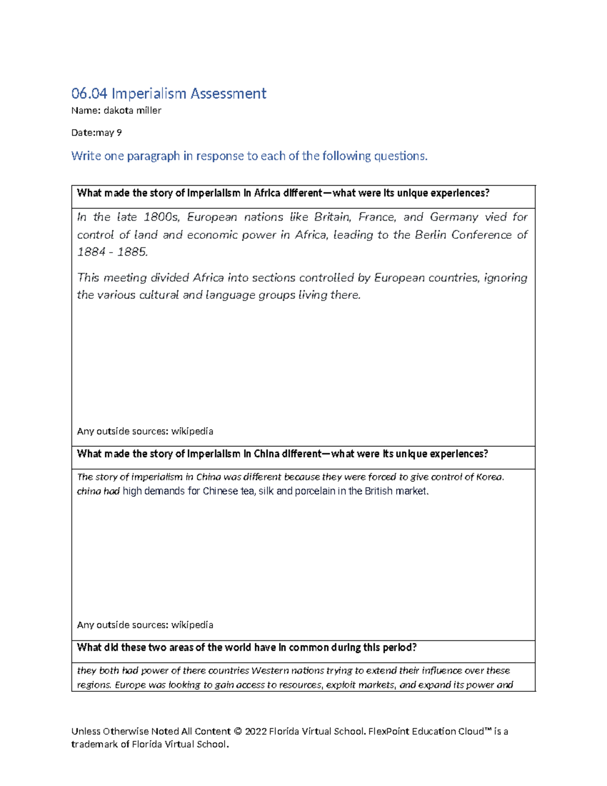 Imperialism wh flvs history - 06 Imperialism Assessment Name: dakota ...