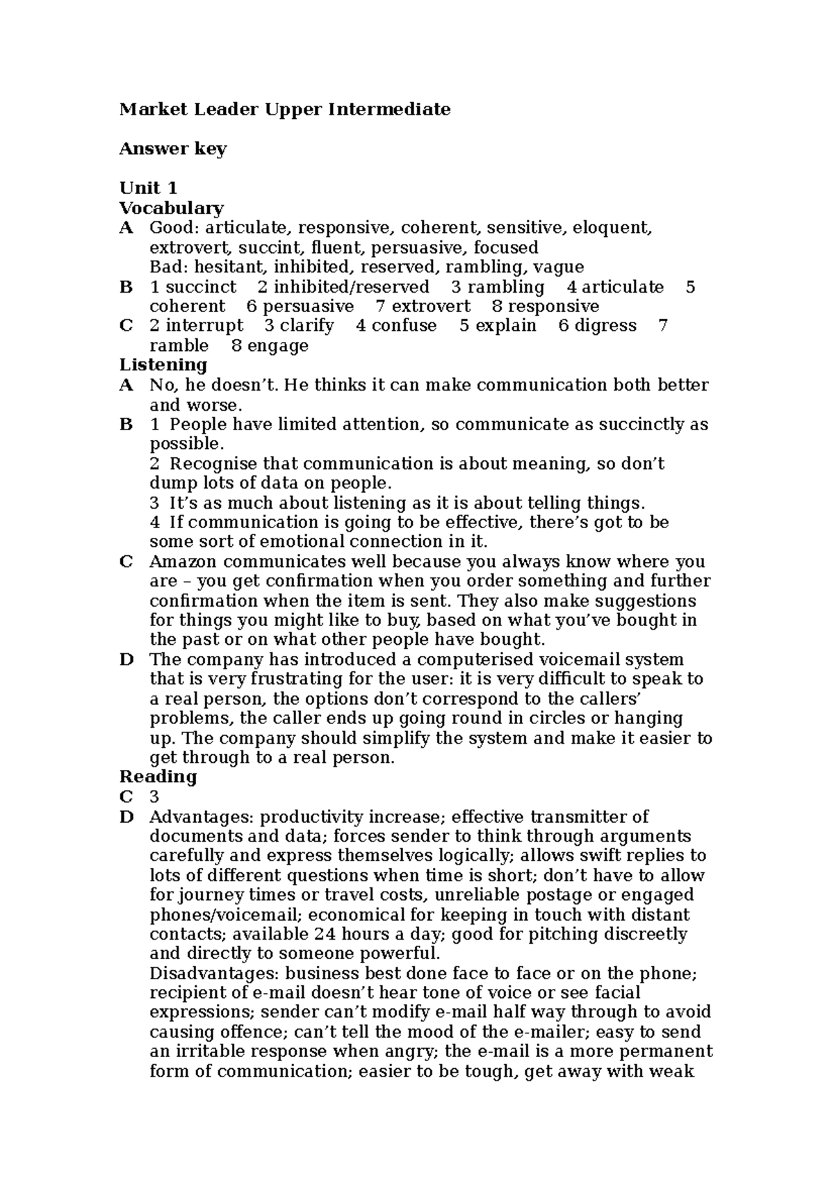Extra Upper Intermediate Answer Key - Market Leader Upper Intermediate ...