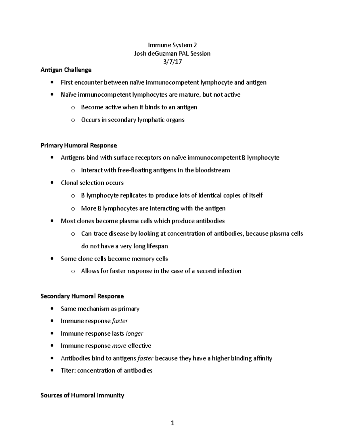 Immune System 2 - Study guide for exam 3, Dr. Cummings, Spring 2017 ...