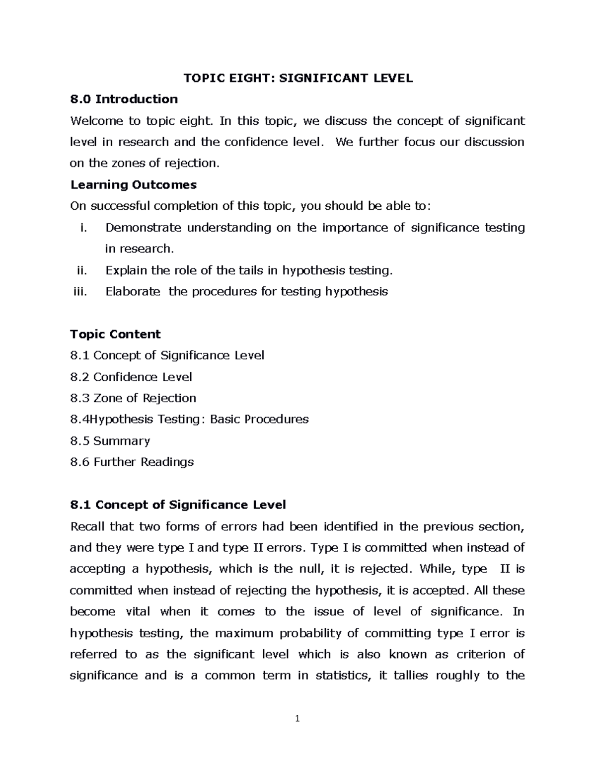 Significance Level - very good - TOPIC EIGHT: SIGNIFICANT LEVEL 8 ...
