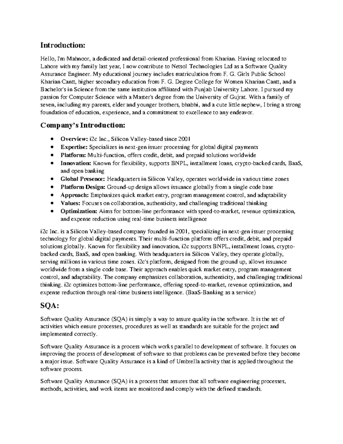 QA Notes-1 - notes of QA - Introduction: Hello, I'm Mahnoor, a ...