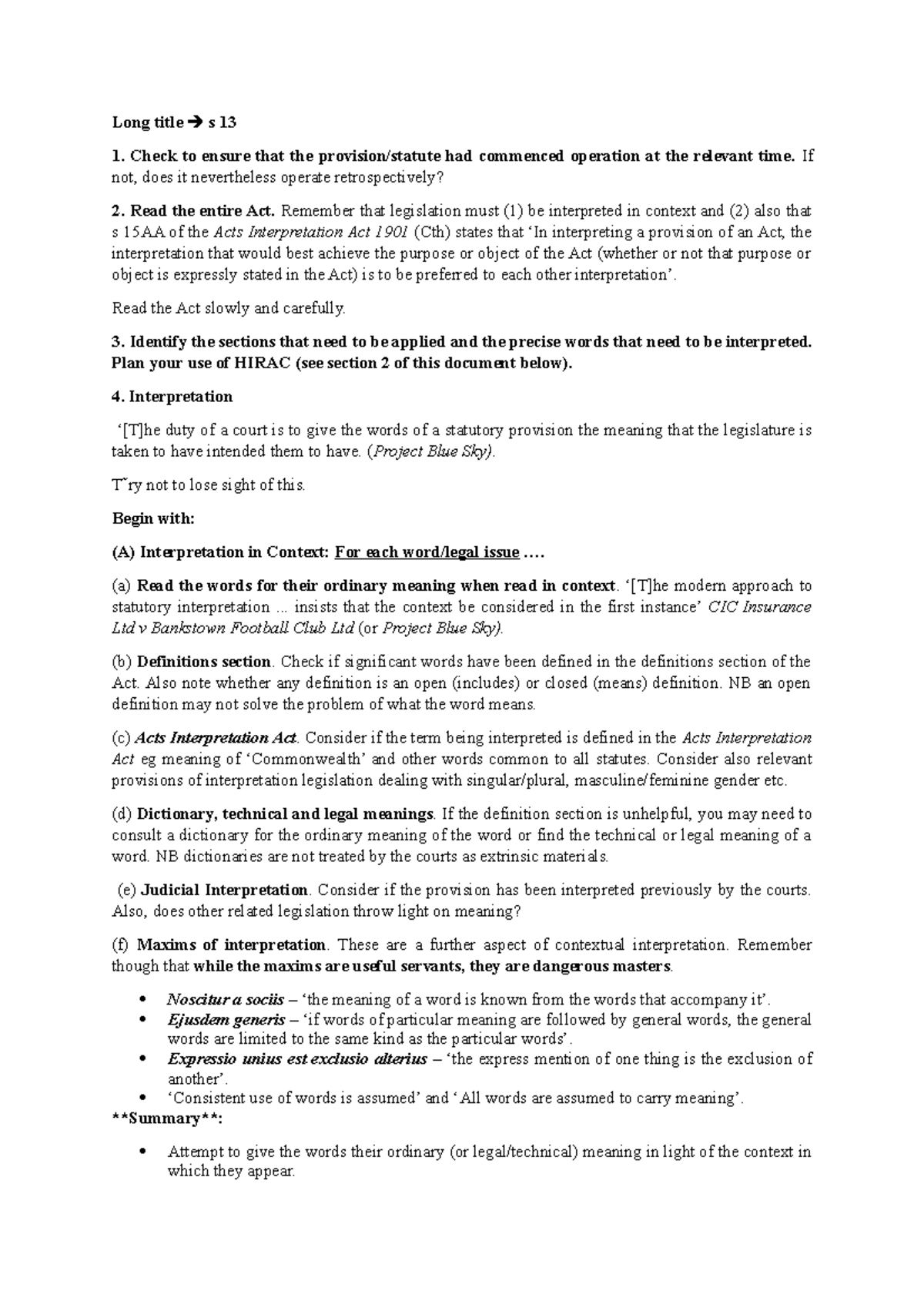 Cheat sheet statutory interpretation Long title s 13 Check to ensure
