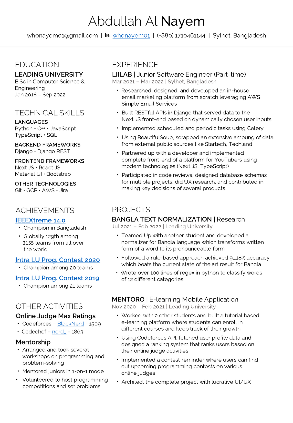 Resume Of Abdullah Al Nayem - Leading University - Abdullah Al Nayem 