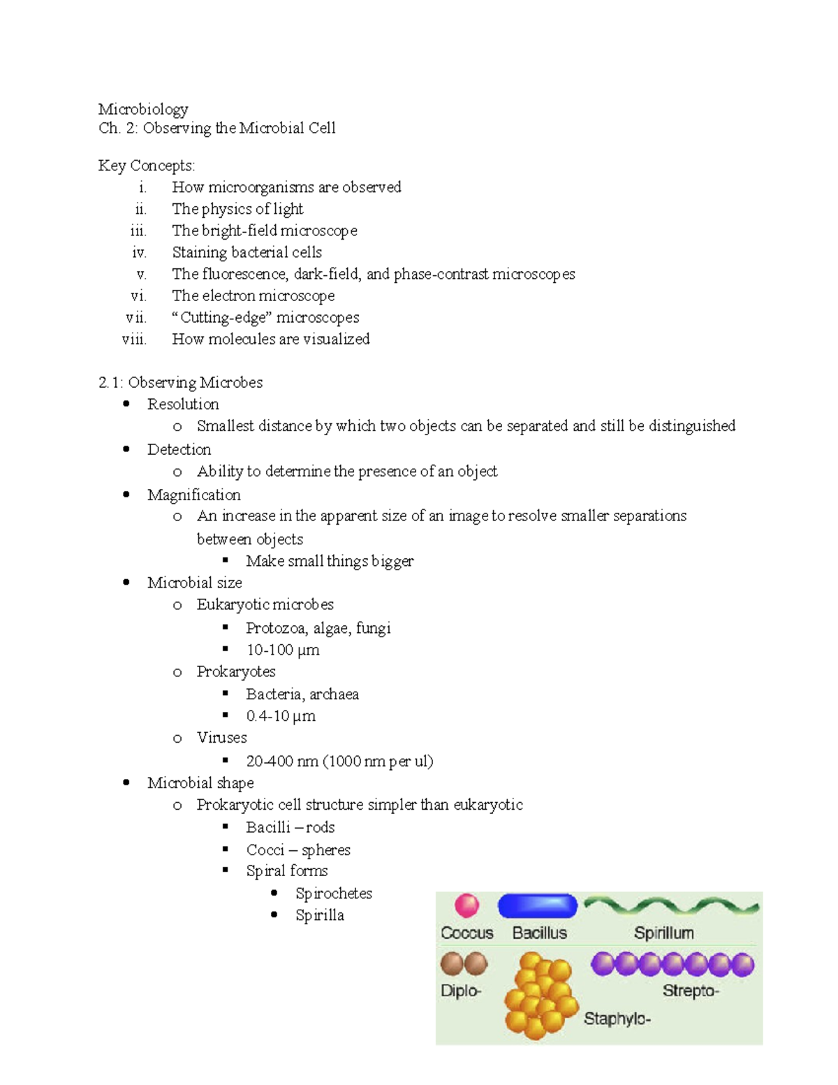 Chapter 2 Notes - Microbiology Ch. 2: Observing the Microbial Cell Key ...