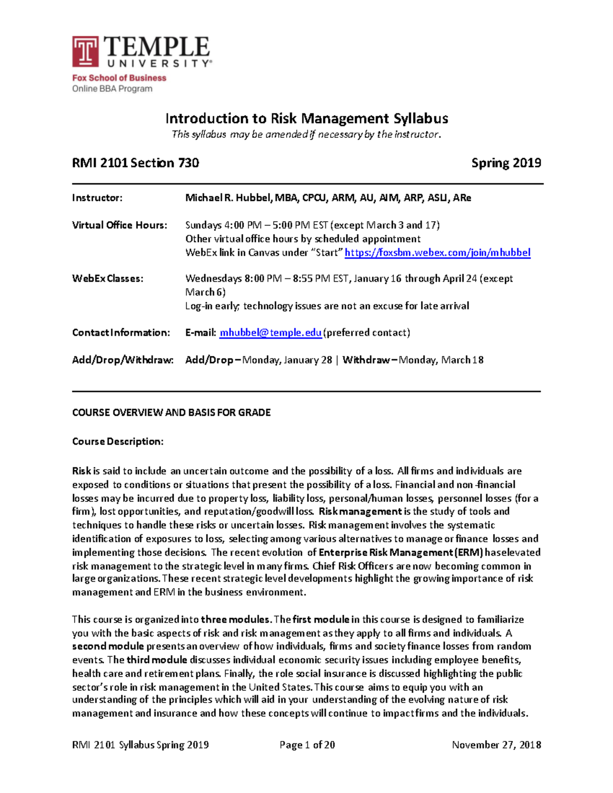 RMI+2101+Section+730+Syllabus+Spring+2019 - Introduction to Risk ...