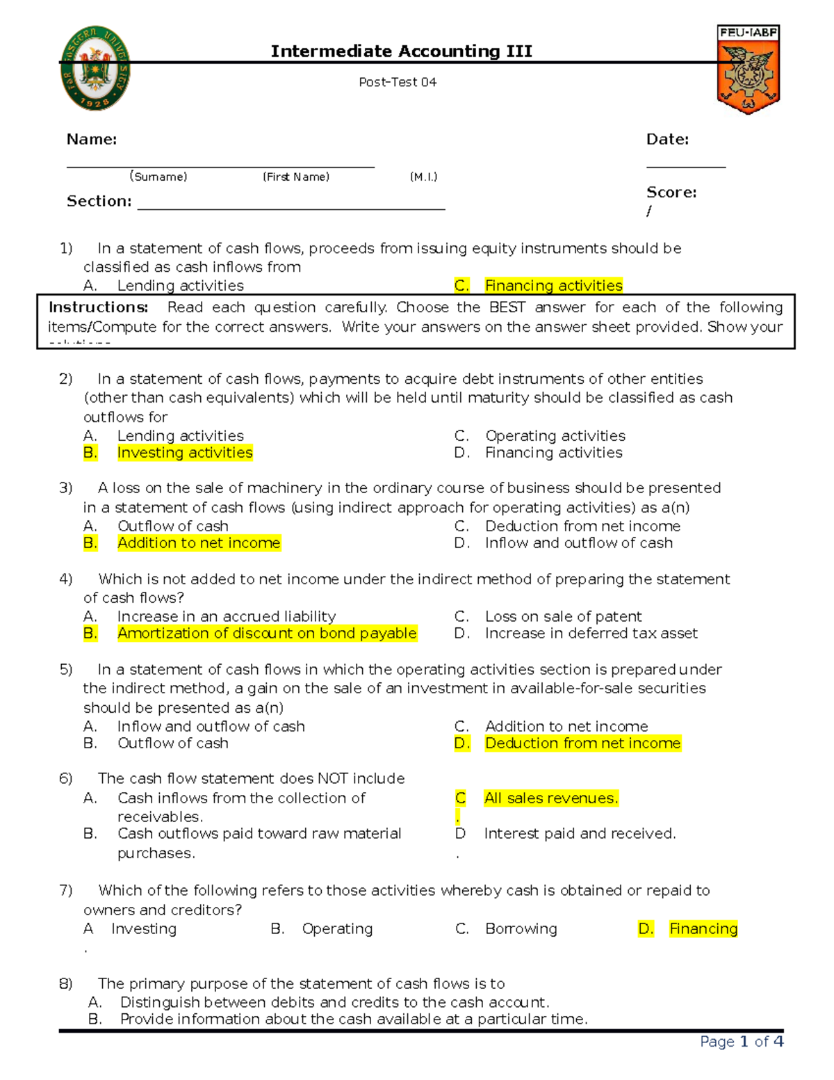 Answers Post-test 04 Cash Flows - Intermediate Accounting III Post-Test ...