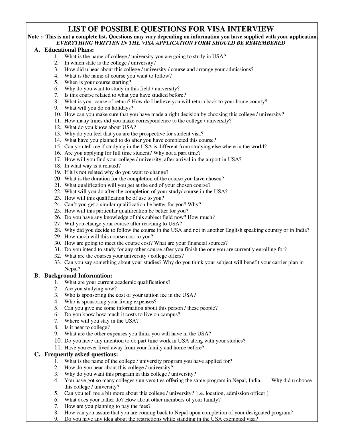 Important US Visa Interview Question - LIST OF POSSIBLE QUESTIONS FOR ...