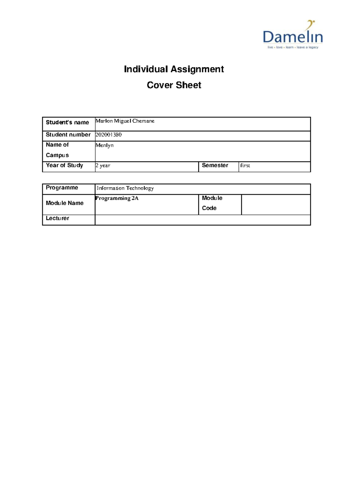Assignment Cover Sheet Programming 2A - Individual Assignment Cover ...