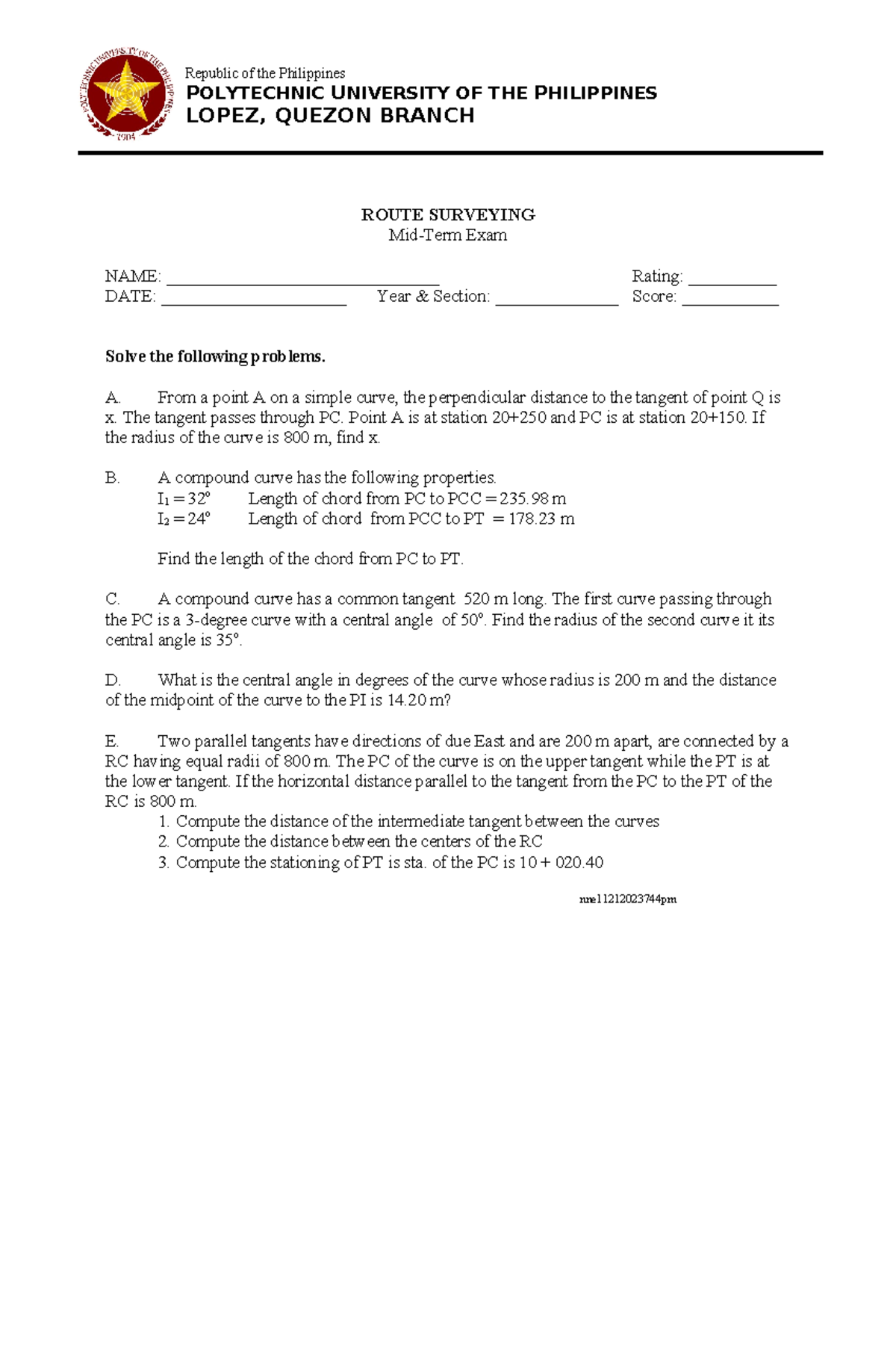 Midterm - ROUTE SURVEYING Mid-Term Exam NAME ...