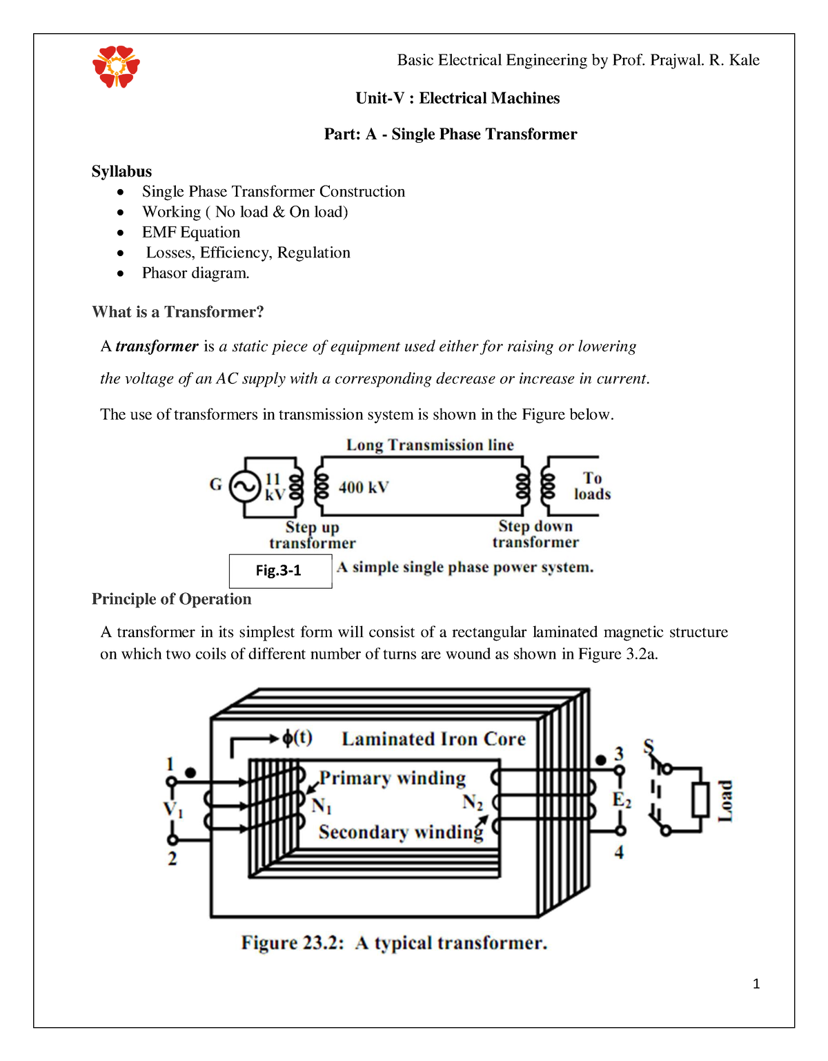 BEE Notes Unit 5 - Unit-V : Electrical Machines Part: A - Single Phase ...