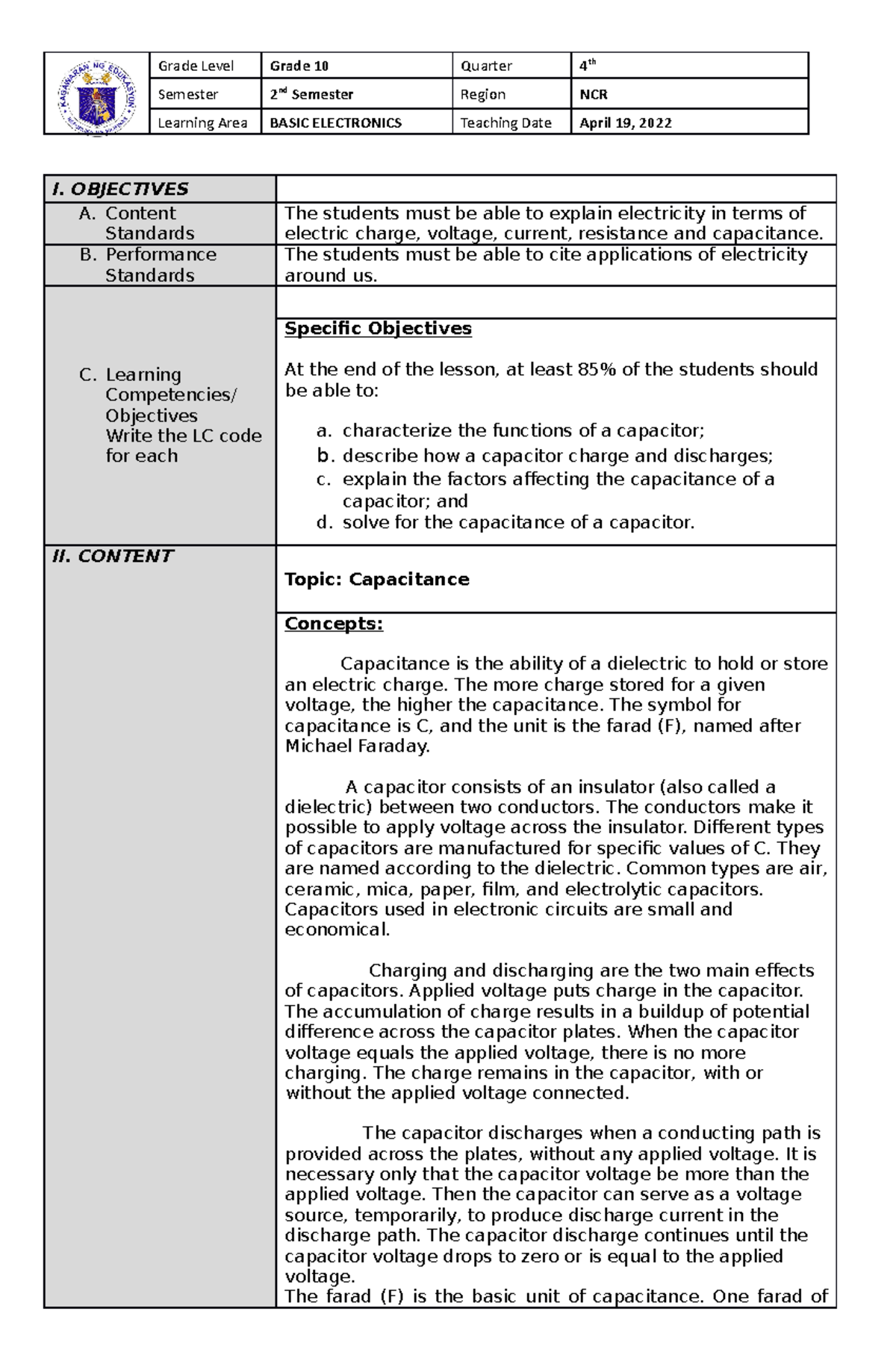 4th Qrt LP Capacitance - Semester 2 nd Semester Region NCR Learning ...