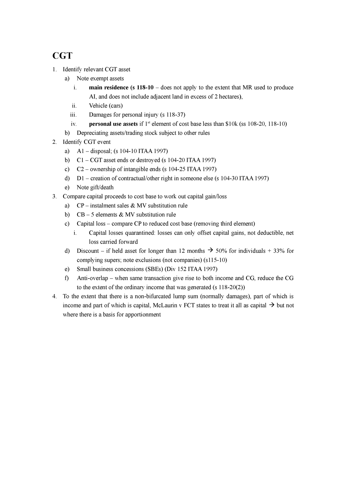 Tax scaffolds - scaffold - CGT Identify relevant CGT asset a) Note ...