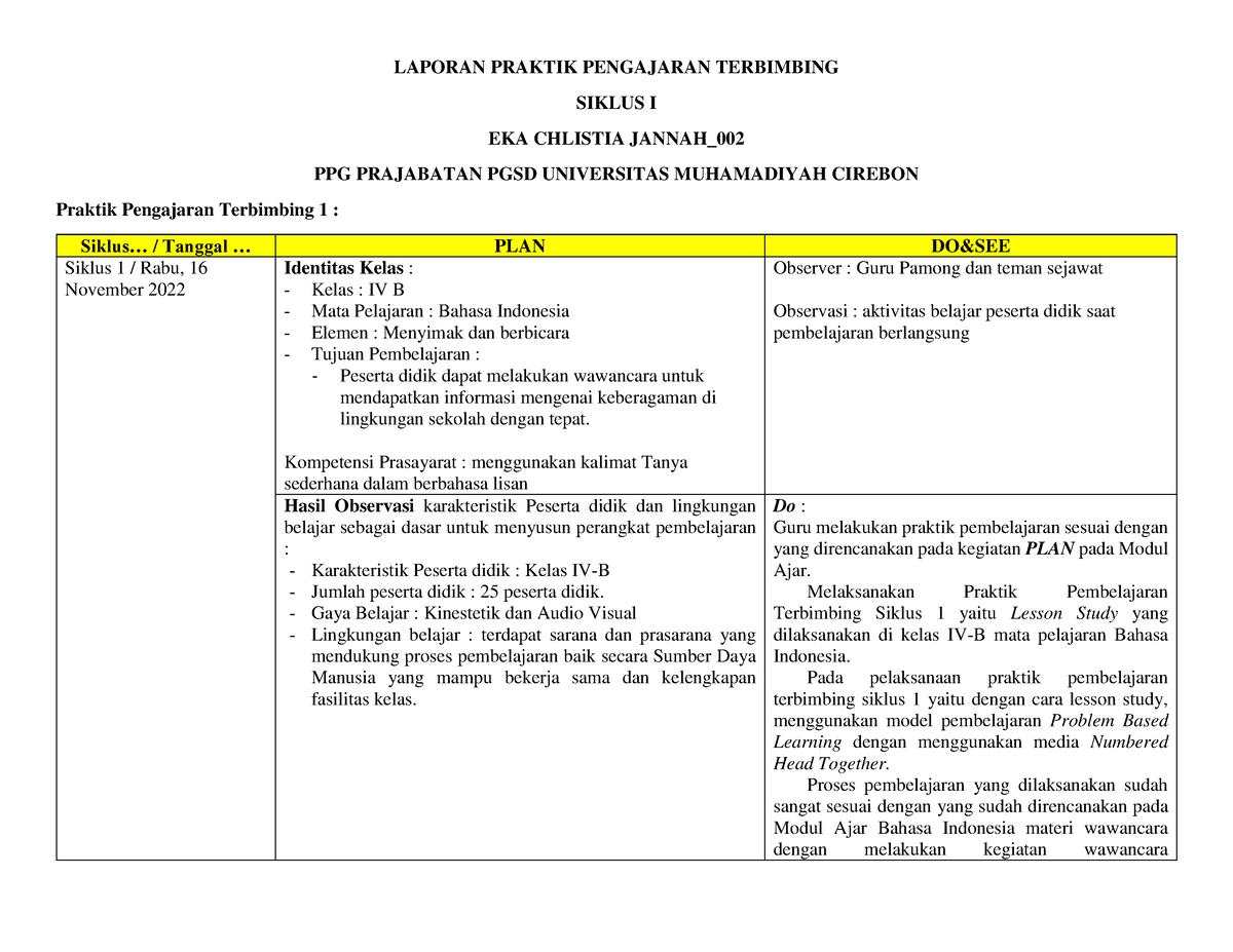 Laporan Praktik Pengajaran Terbimbing Siklus 1 - LAPORAN PRAKTIK ...