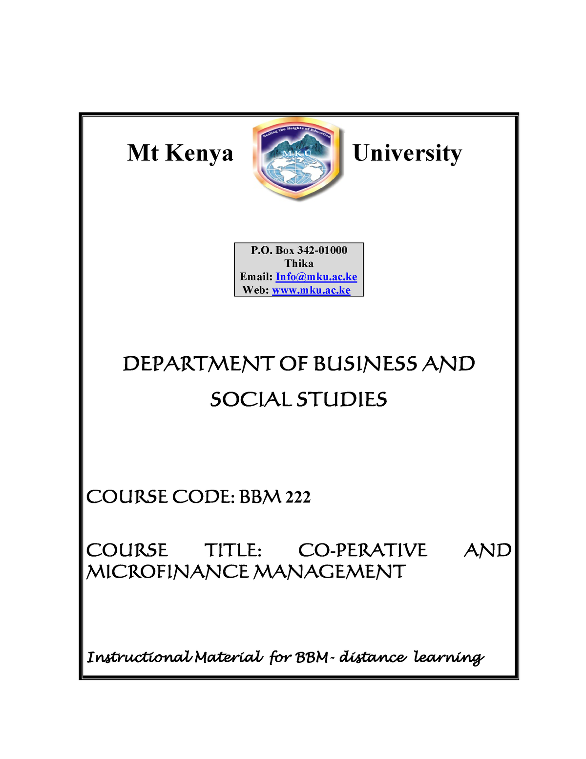 BBM 222 Cooperative And Microfinance Management Module - P. Box 342 ...