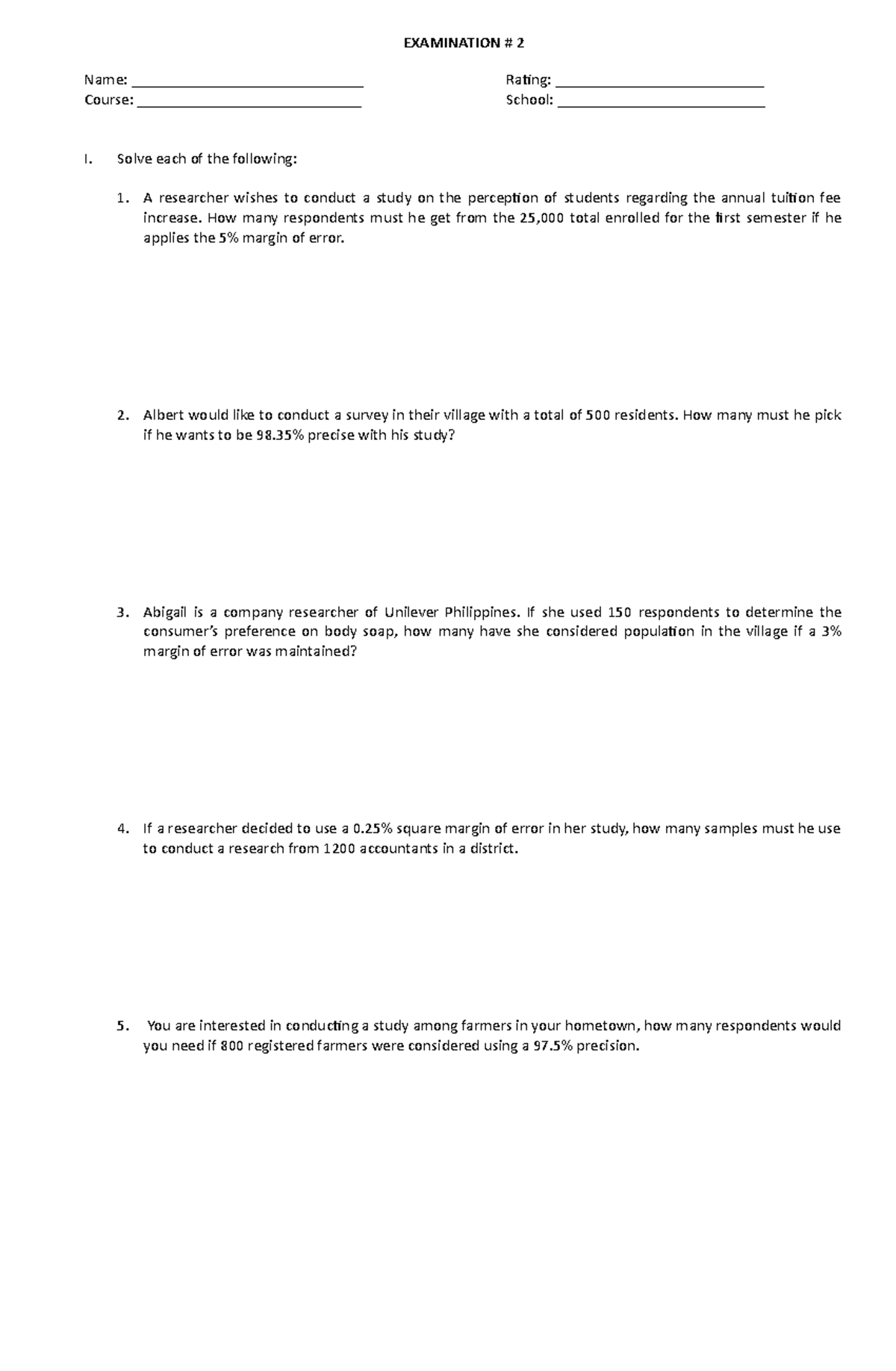 Exam in Statistics #2 - Assignment # 2 - EXAMINATION 2 Name: Course: I ...