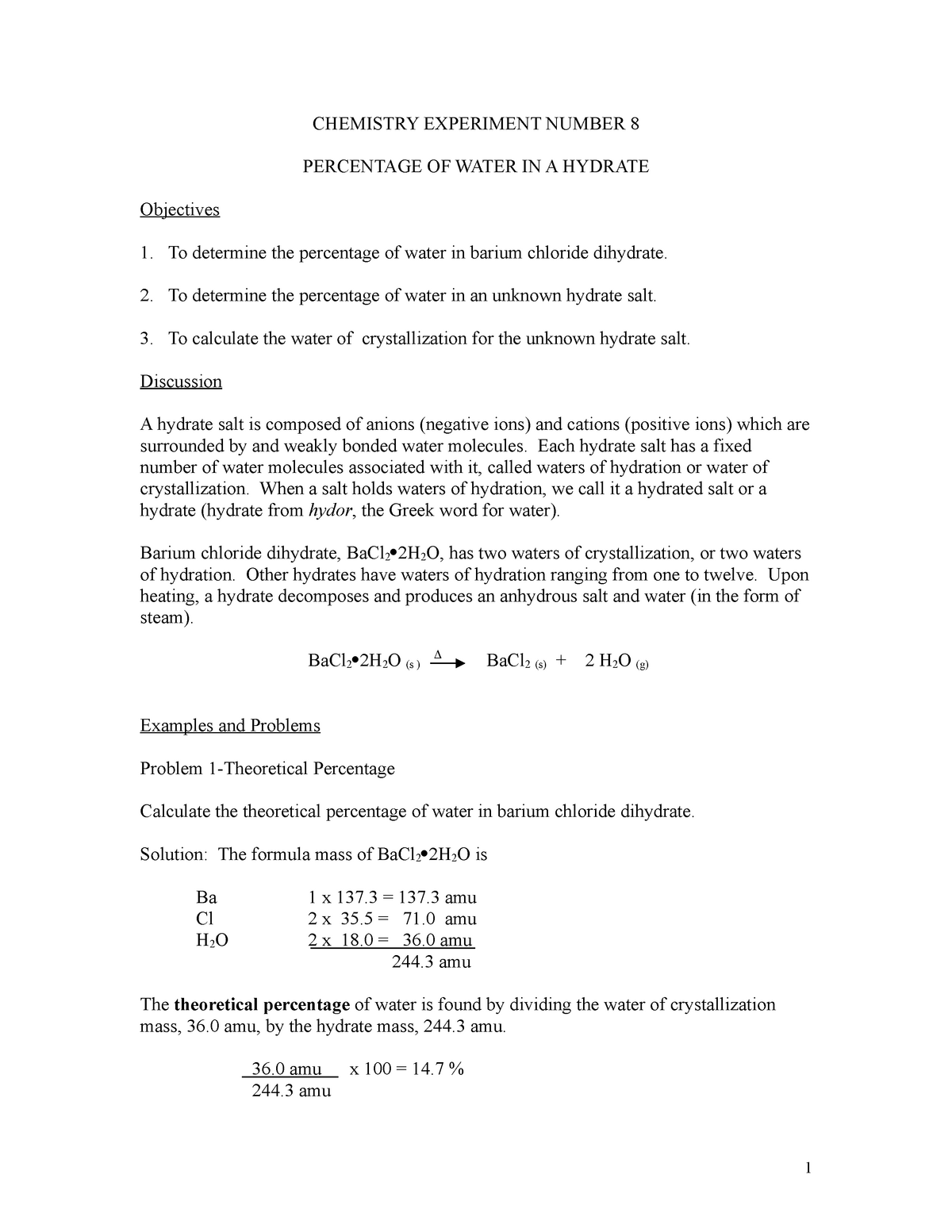 Chemexp 7hydrates - lab report - CHEMISTRY EXPERIMENT NUMBER 8 ...