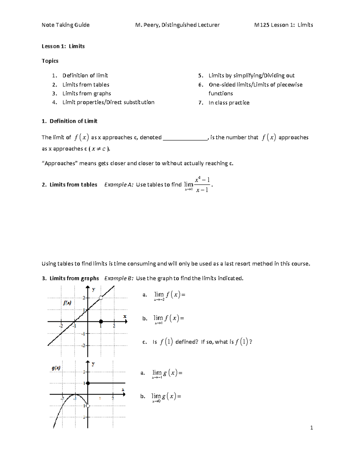 L1 Limits - Lesson 1 - Lesson 1: Limits Topics Definition of limit ...